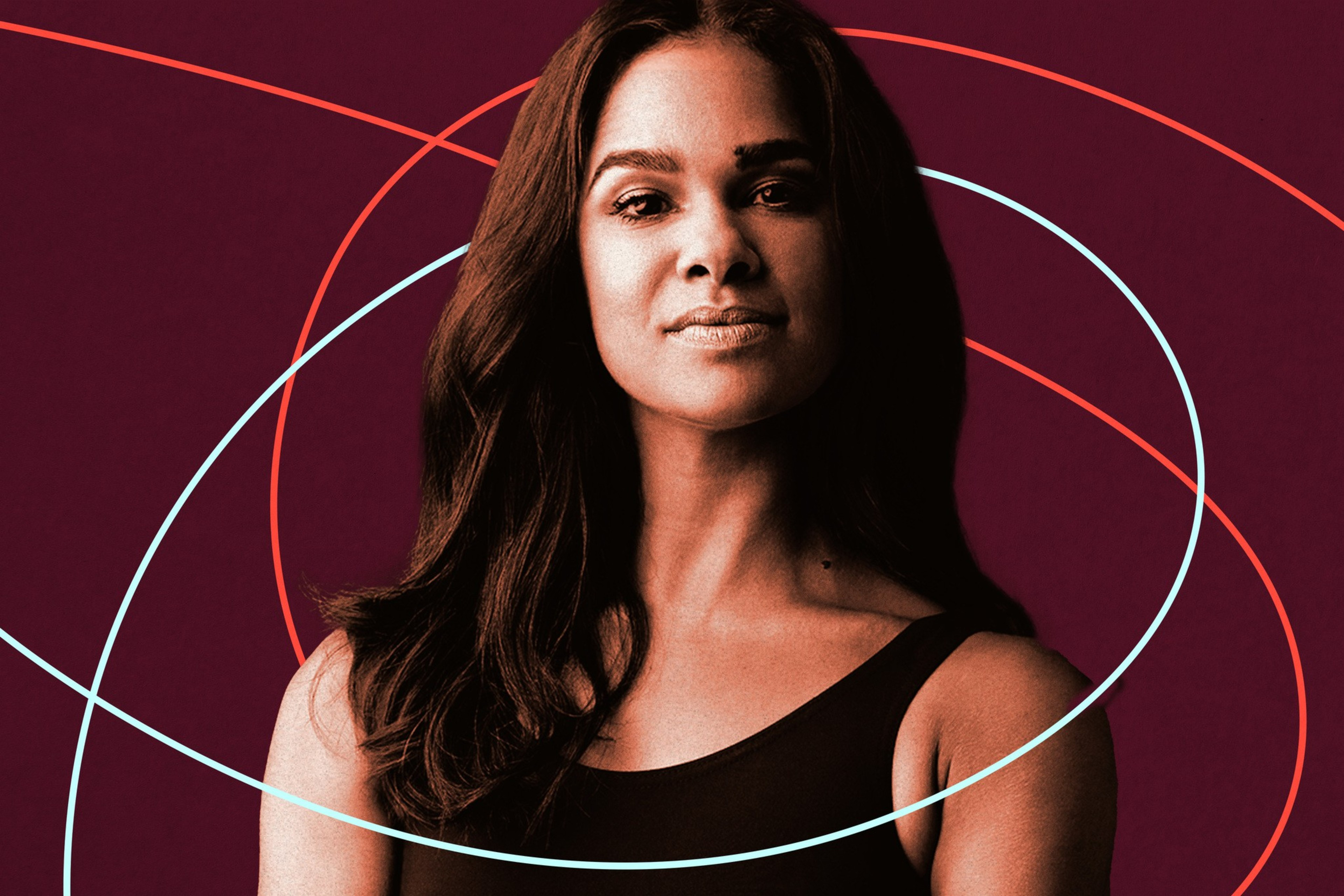 A confident woman with long dark hair wears a black sleeveless top against a dark red background with red and light blue looping lines.