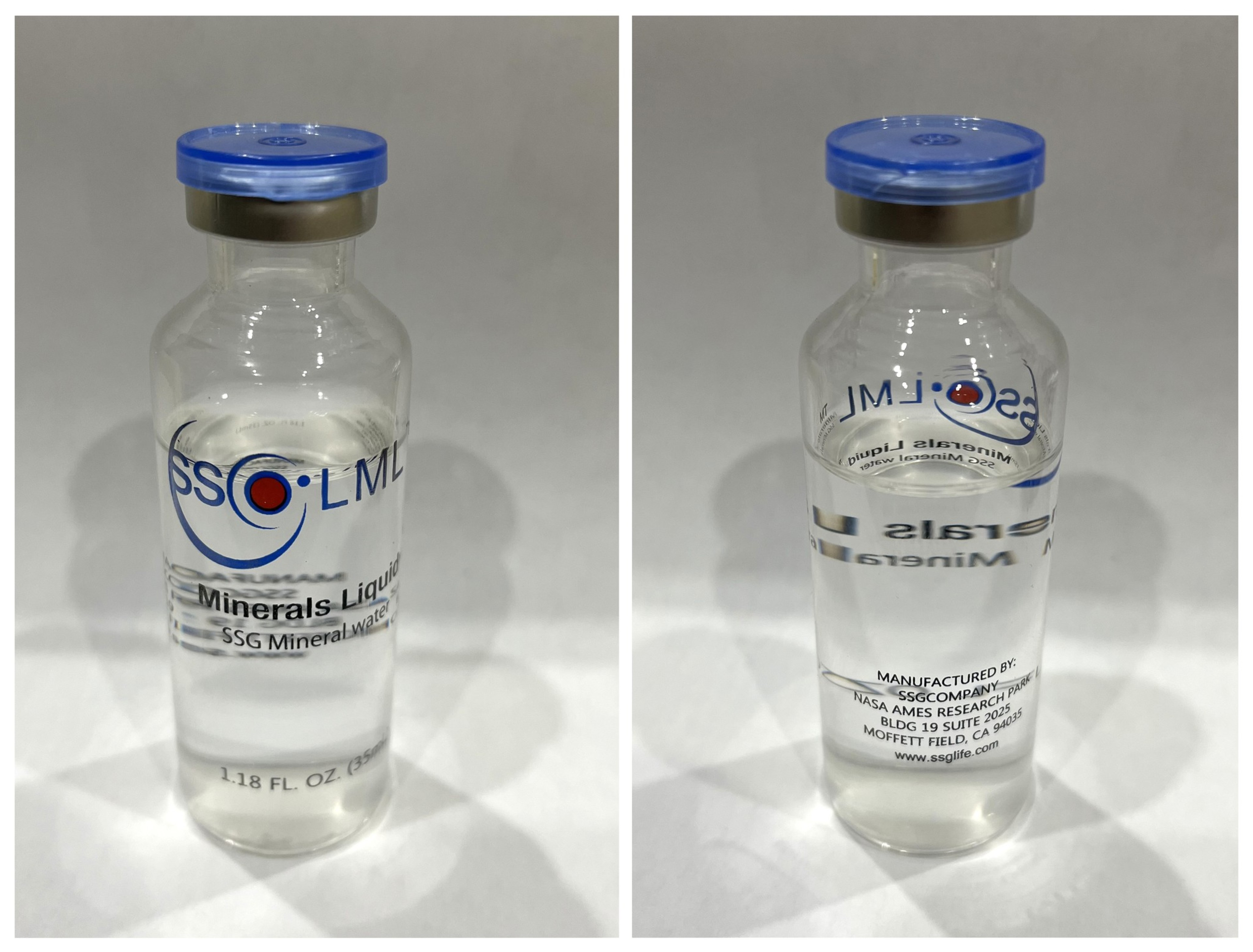 A small clear vial with a blue cap labeled “SSG Minerals Liquid, SSG Mineral Water,” containing a clear liquid, with manufacturer details on the back.