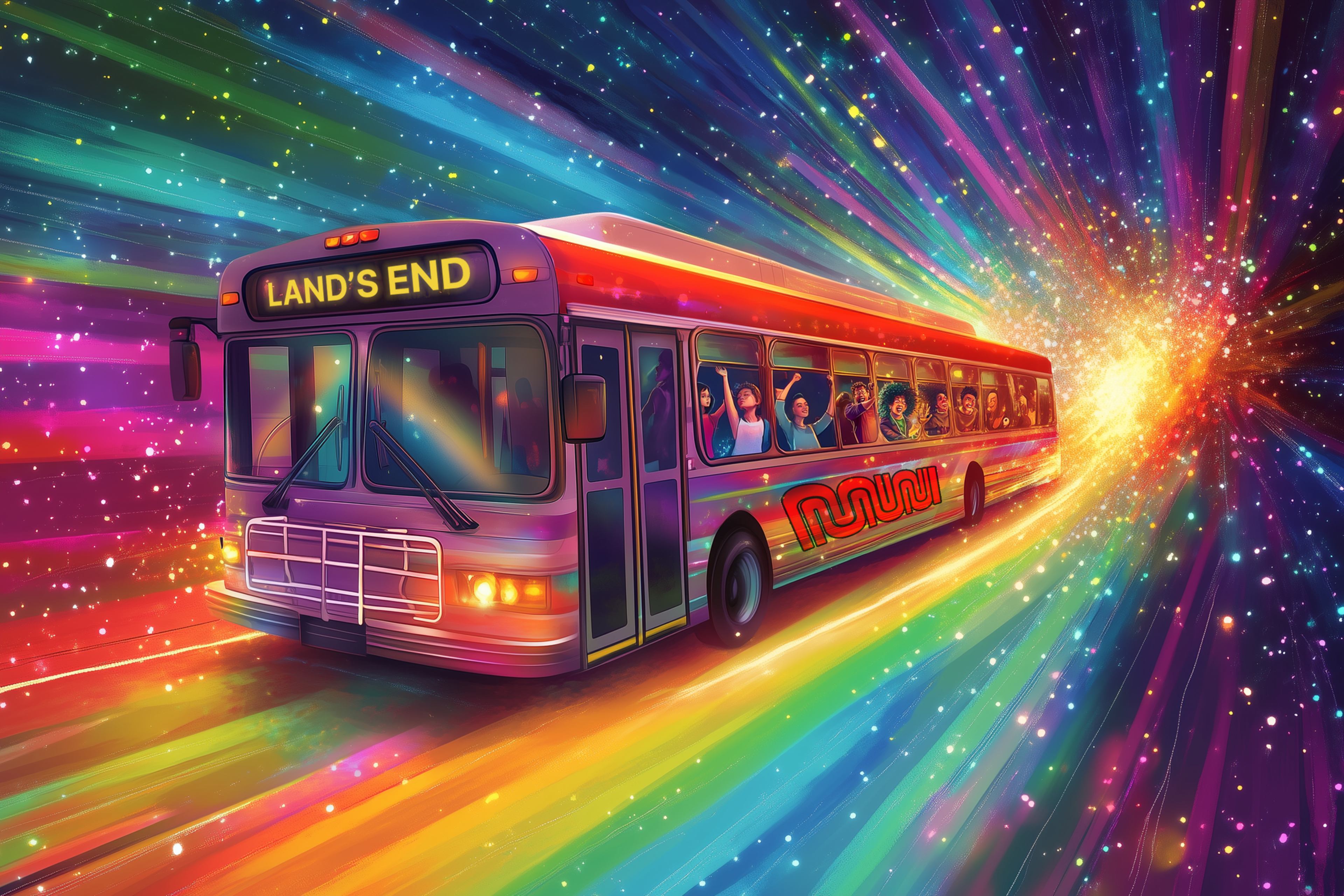 A bus labeled "Land's End" travels through a vibrant, multicolored cosmic tunnel, with passengers inside looking amazed and excited.