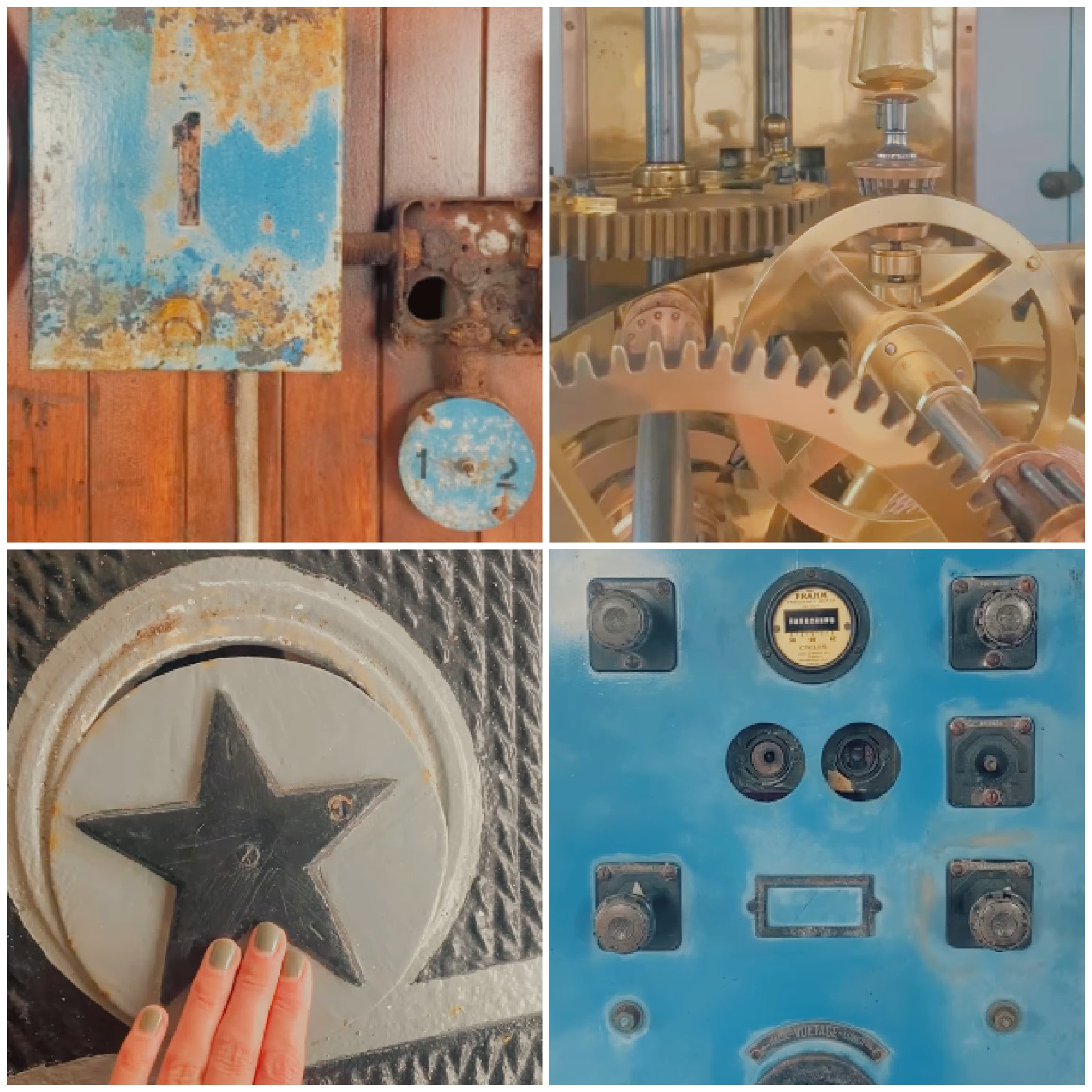 Rusty, weathered metal panels and dials, intricate brass gears, a hand touching a metal star, and a blue control panel with various knobs and gauges.