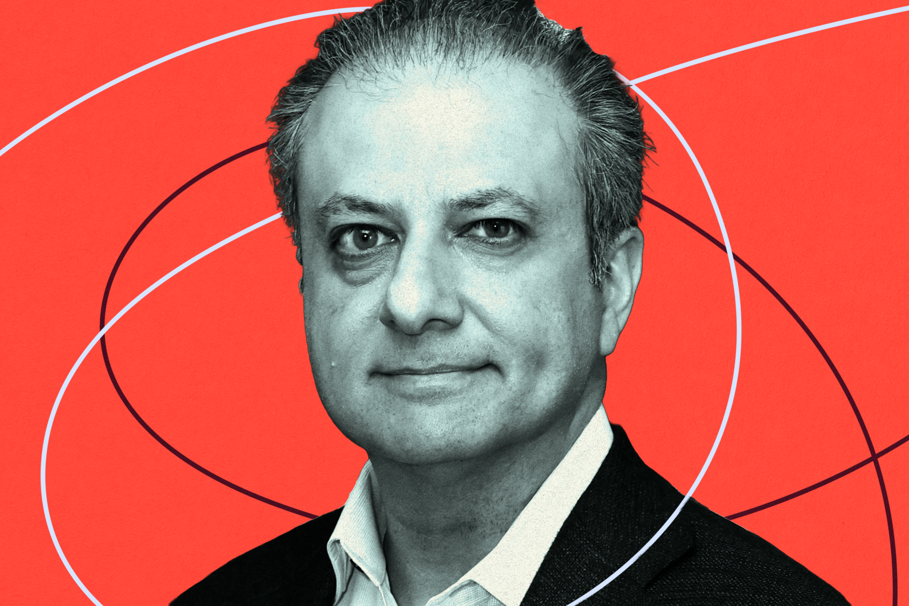 A middle-aged man with slicked-back gray hair wears a dark blazer over a white shirt, set against a bright red background with abstract curved lines.