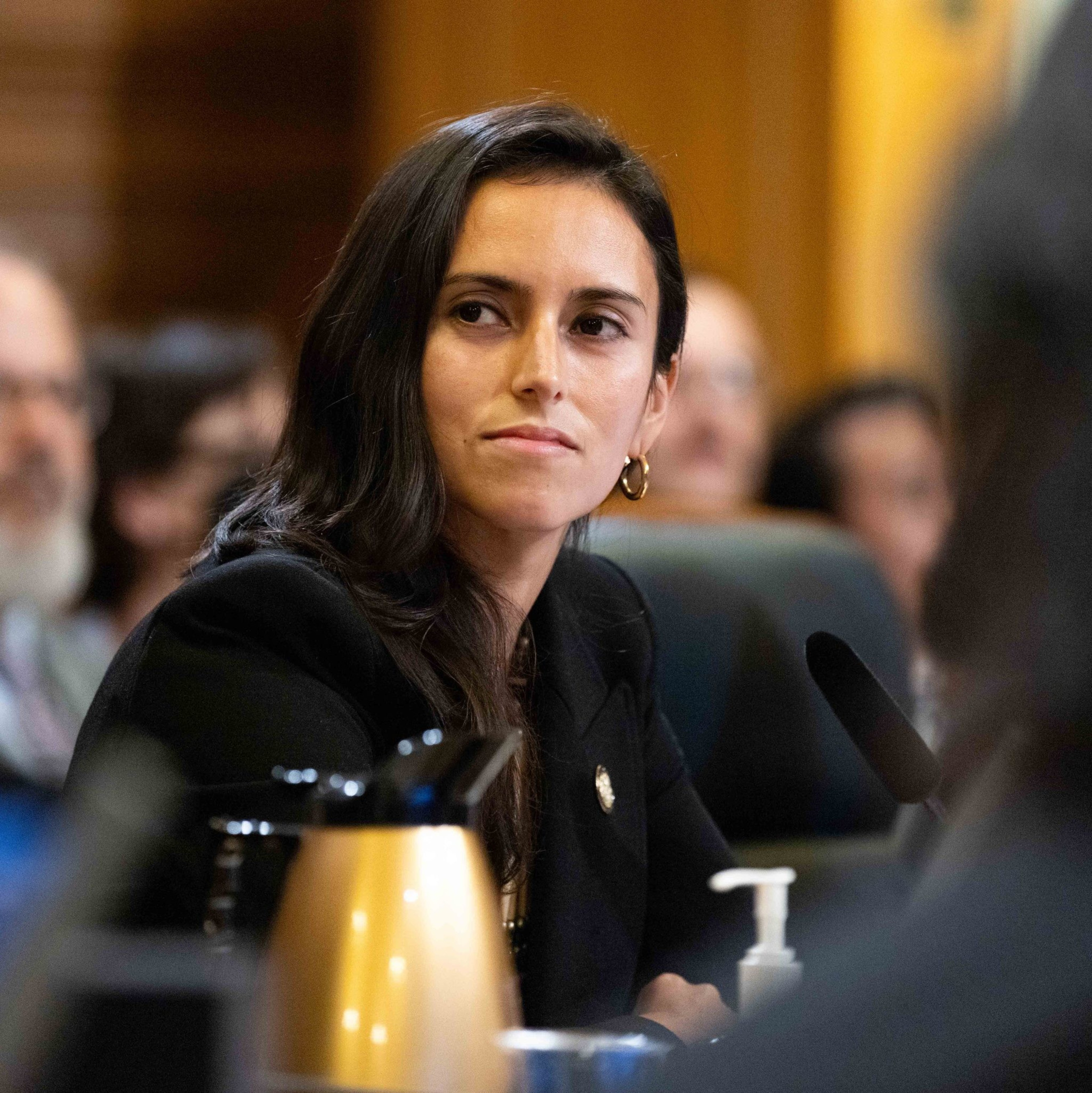 A woman with long dark hair is seated in a meeting room. She wears a black blazer and gold hoop earrings, with a serious expression. A microphone and carafe are nearby.