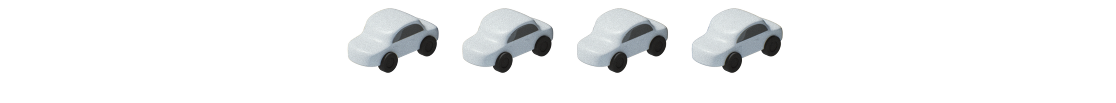 Four small white toy cars with black wheels are arranged in a horizontal line on a clear background.