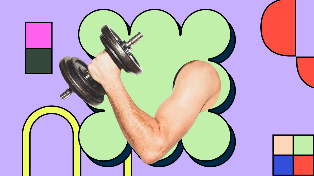 A muscular arm holding a black dumbbell extends from a green, cloud-like shape against a purple background with colorful geometric patterns.