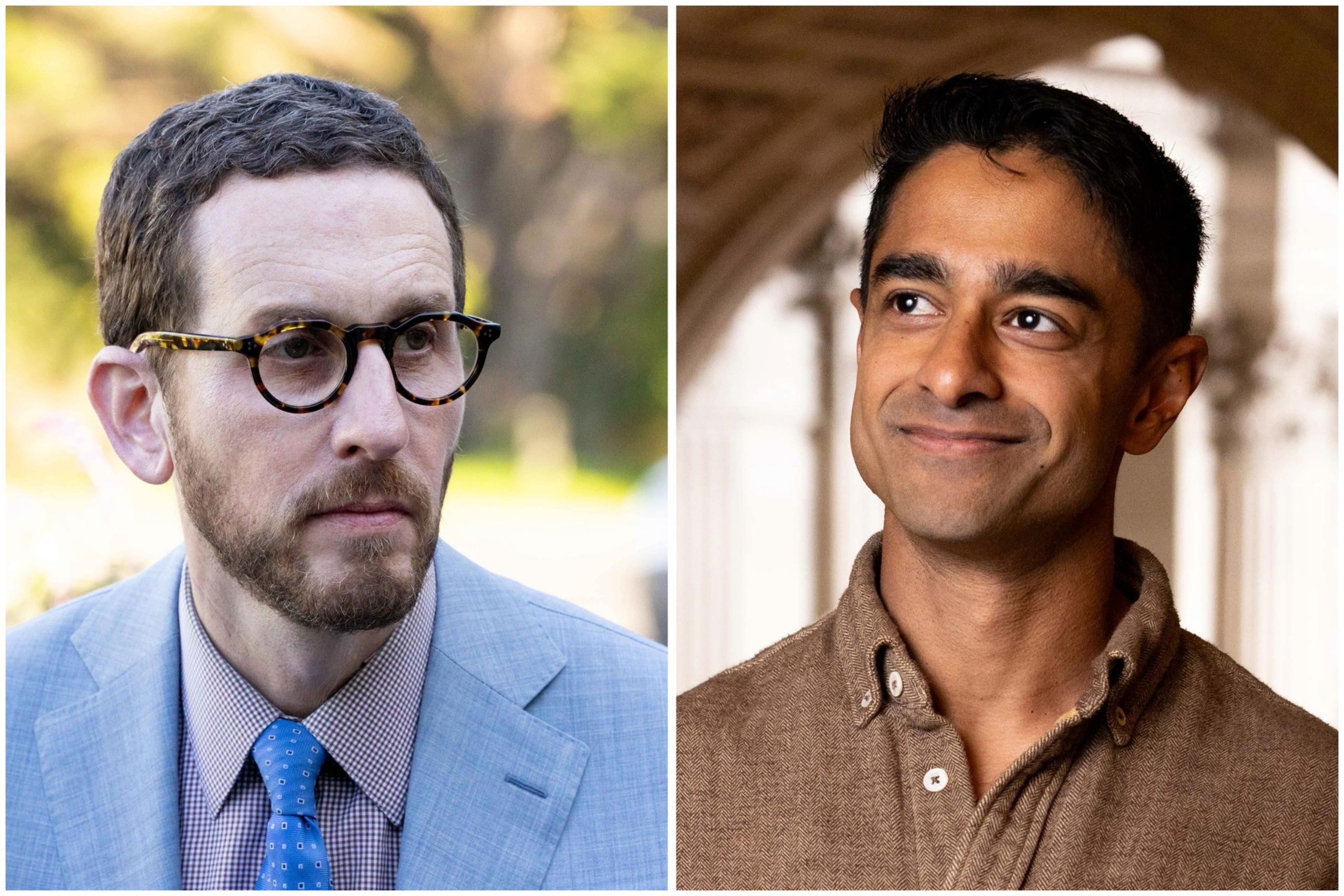A man with glasses, a beard, and a blue suit looks seriously to the side, while a clean-shaven man in a brown shirt smiles gently against an arched background.