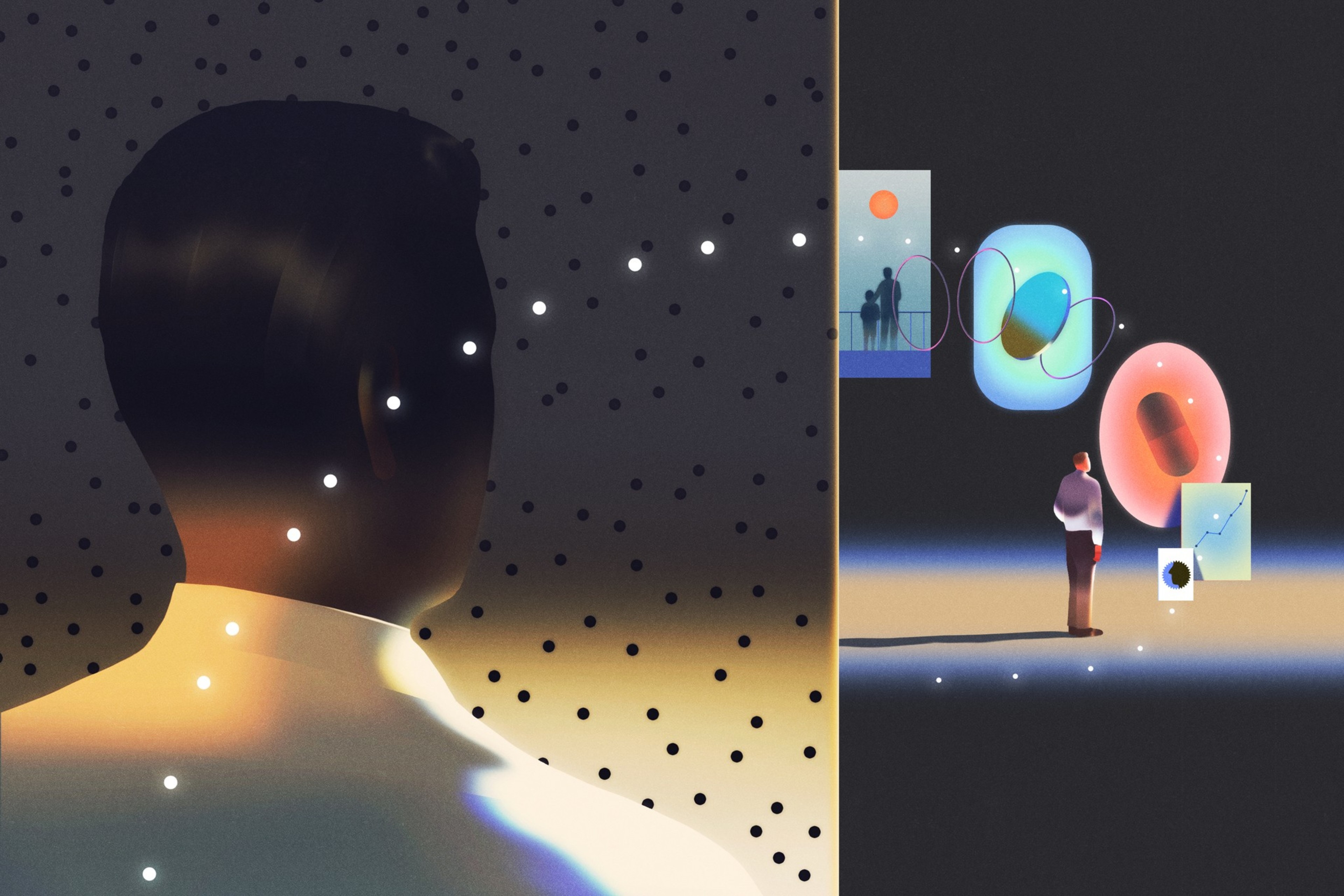 The image shows a person viewed from behind and another person looking at abstract shapes, dots, and charts on a glowing, dark background.