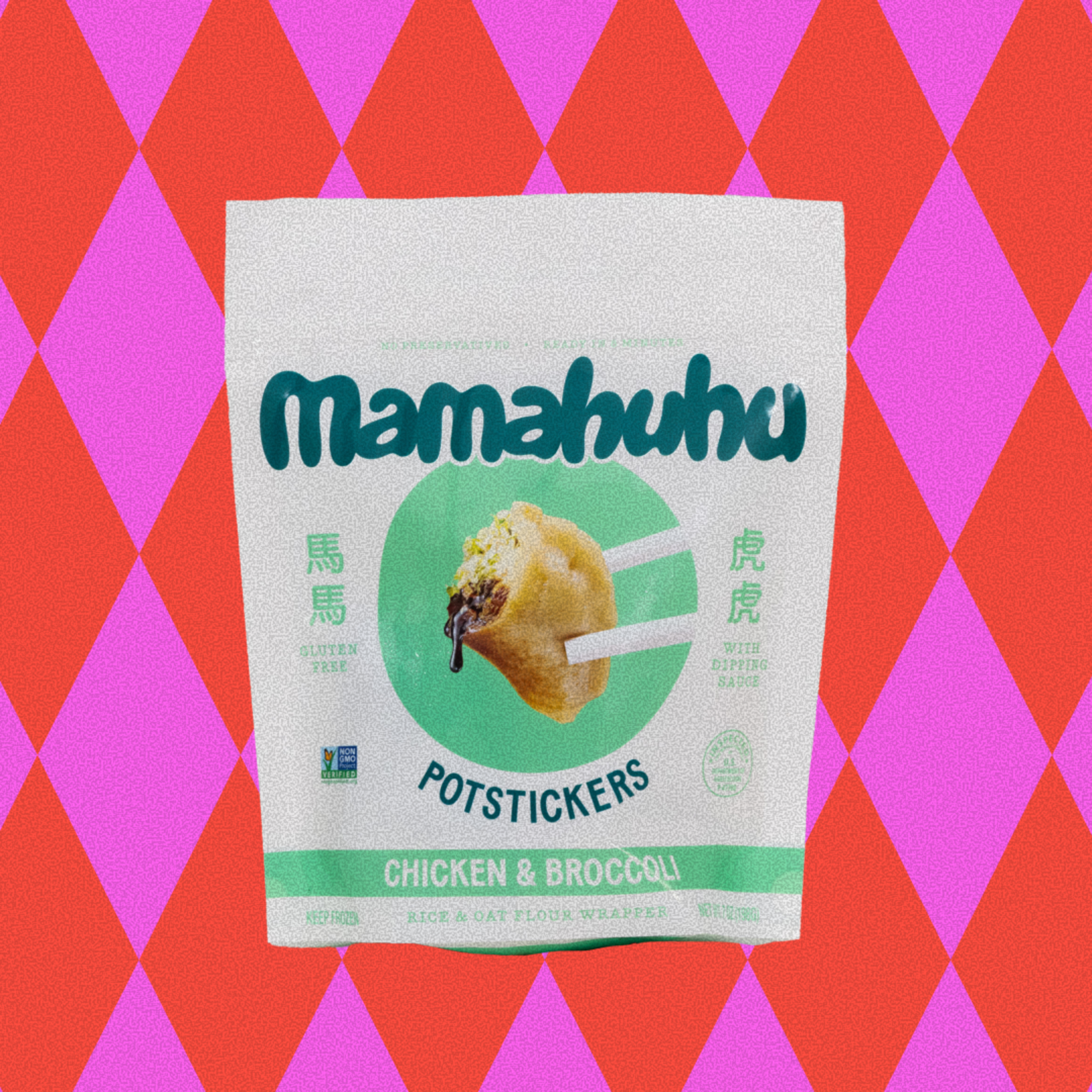 A package of mamahuhu chicken & broccoli potstickers with dipping sauce, gluten free, in rice and oat flour wrappers on a red and pink diamond background.