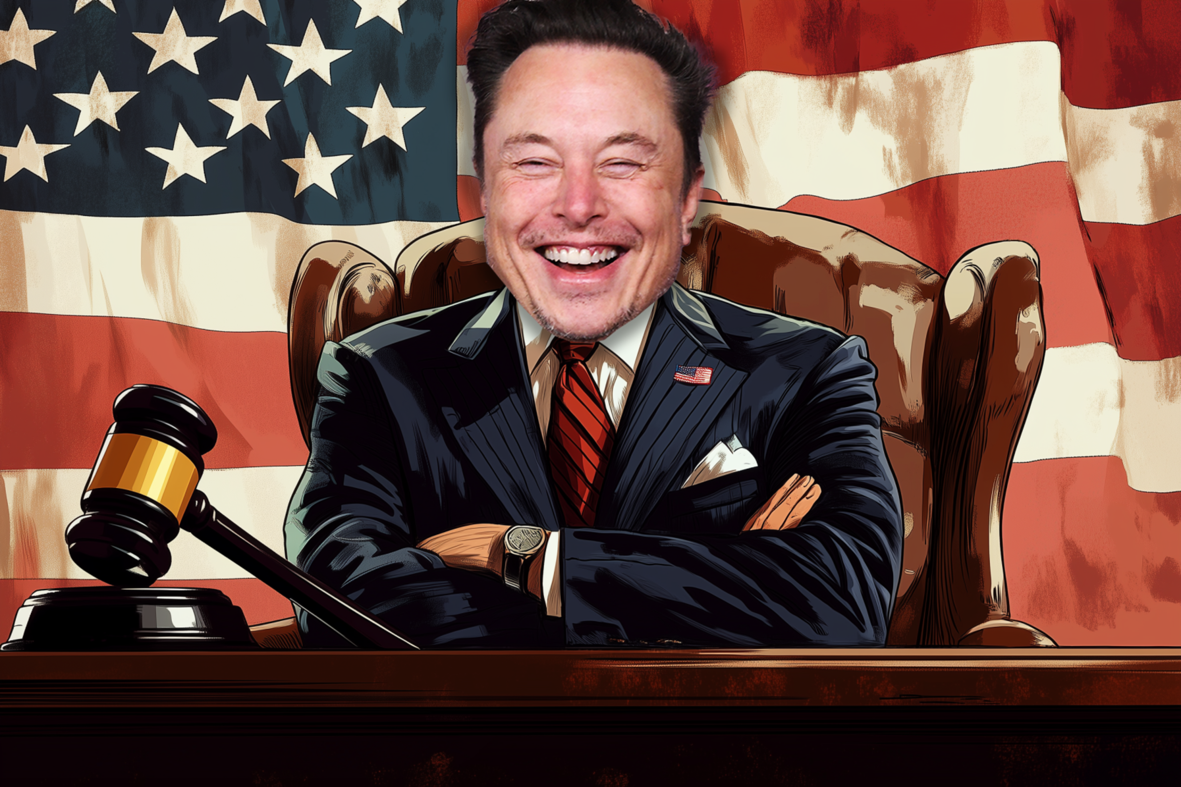 A man in a suit with a big smile sits at a desk with a gavel, in front of an American flag backdrop.