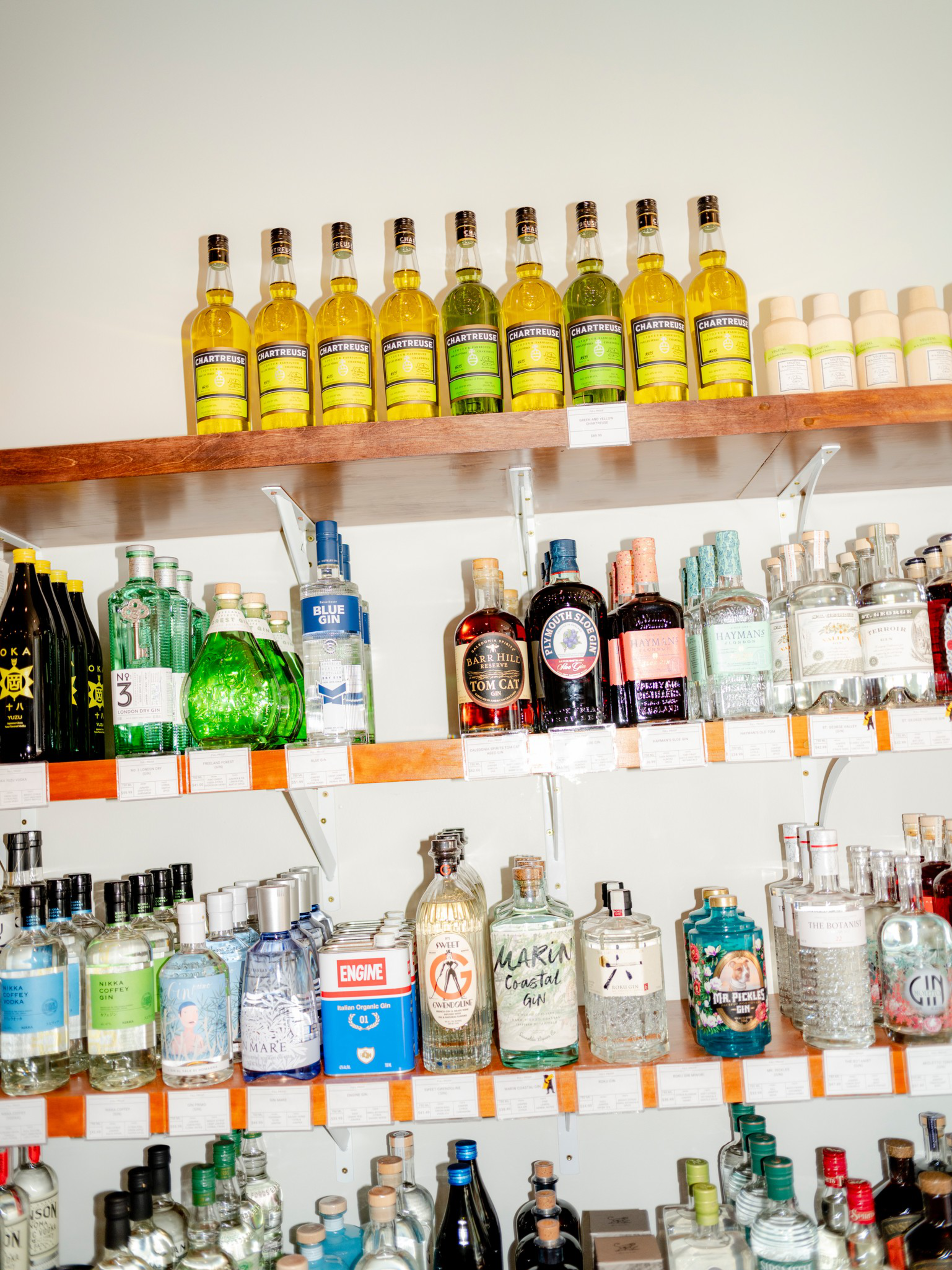 Shelves display various liquor bottles including yellow Chartreuse, green and clear gin bottles, dark whiskey, and assorted spirits with distinct labels and caps.