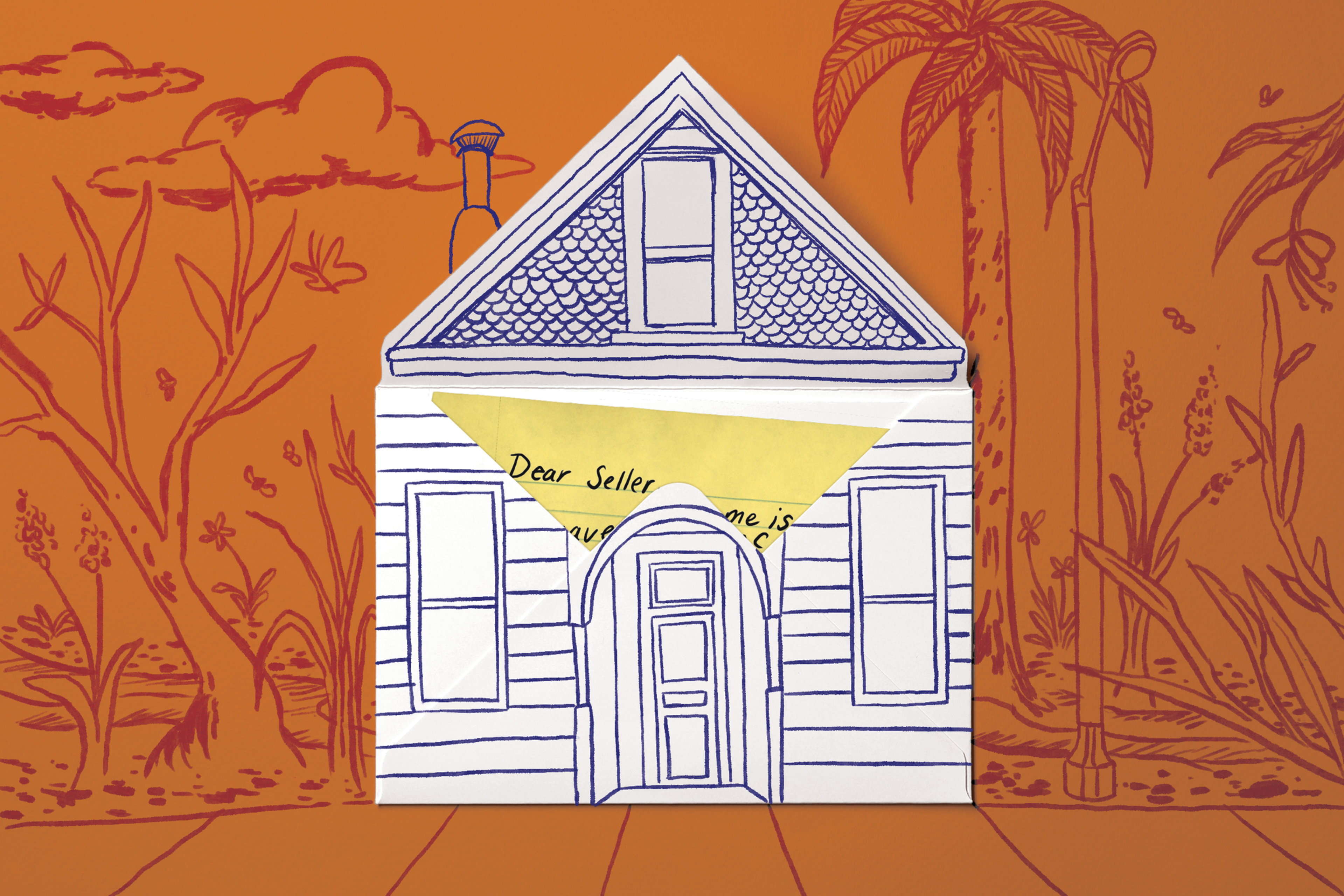 A paper house with blue line drawings and a yellow note inside reads "Dear Seller" against an orange background with sketched trees and plants.