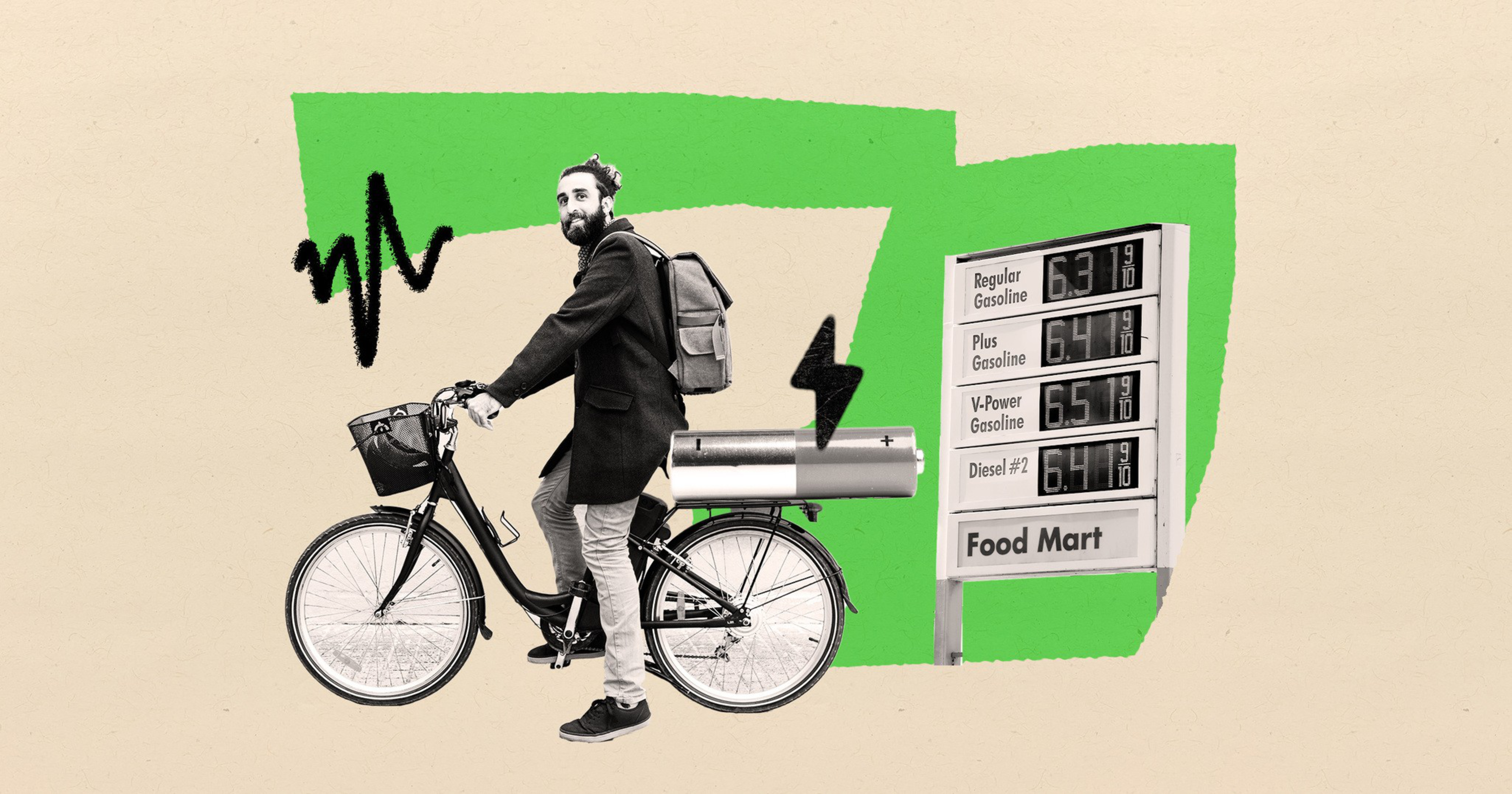 A man rides a bicycle with a large battery on the back, next to a gas station sign showing high fuel prices.