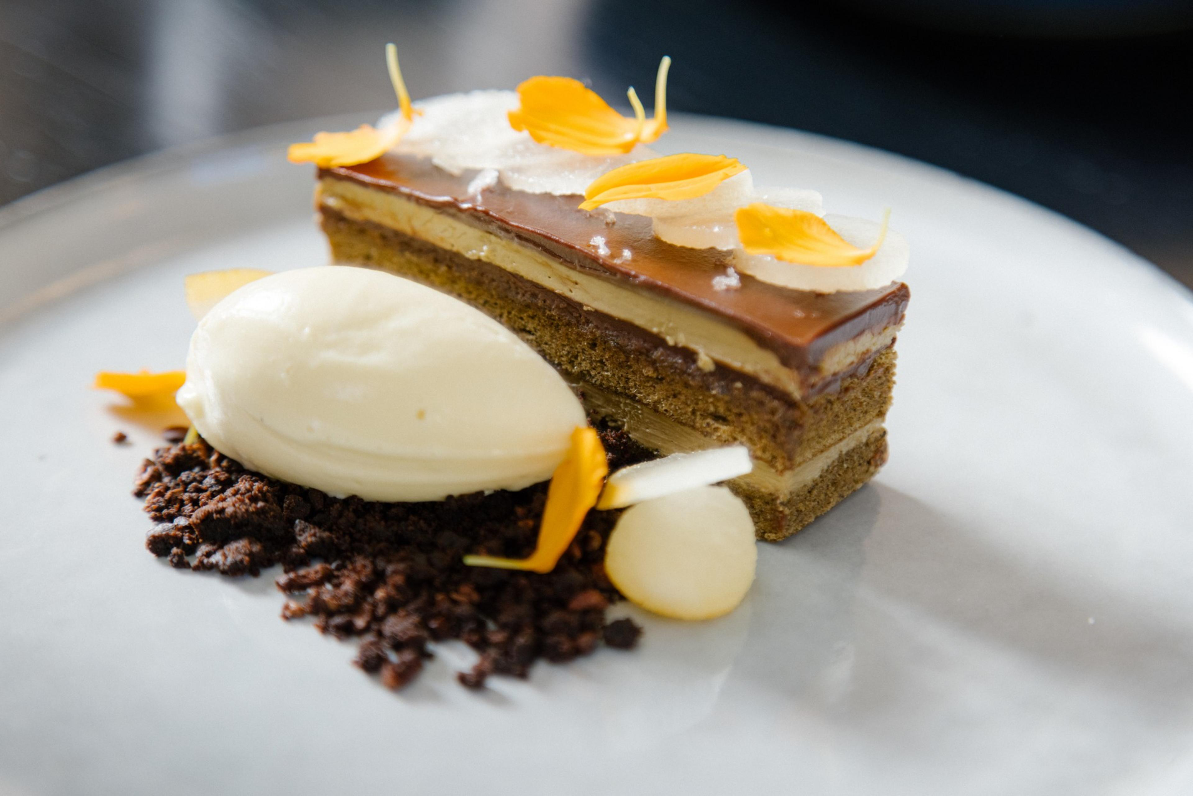 Hojicha opera, hojicha sponge, chocolate glaze, compressed pear make up the savory dessert menu.