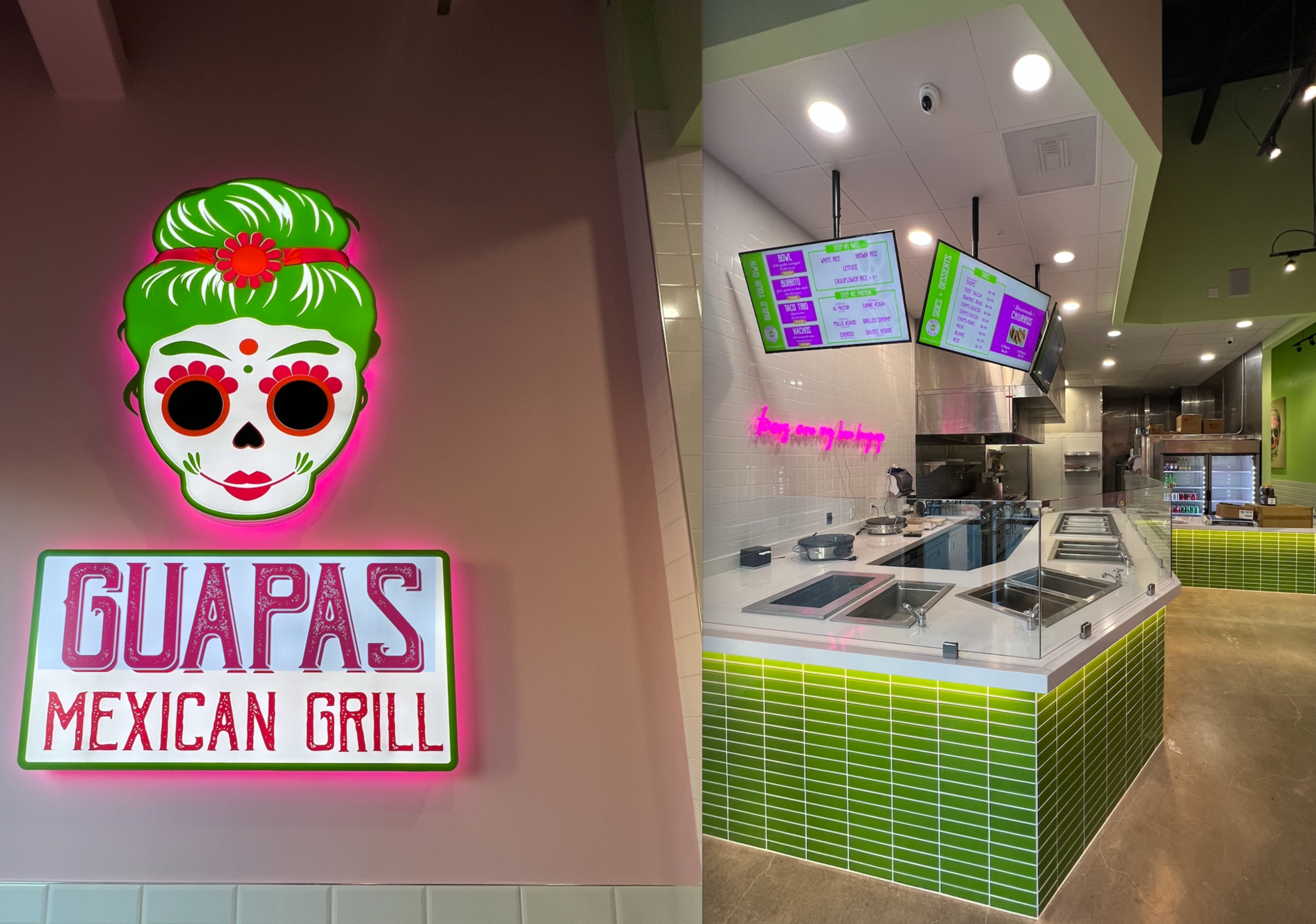 A neon sign with a sugar skull and "Guapas Mexican Grill" in pink and green, alongside a modern food service counter with digital menu screens.