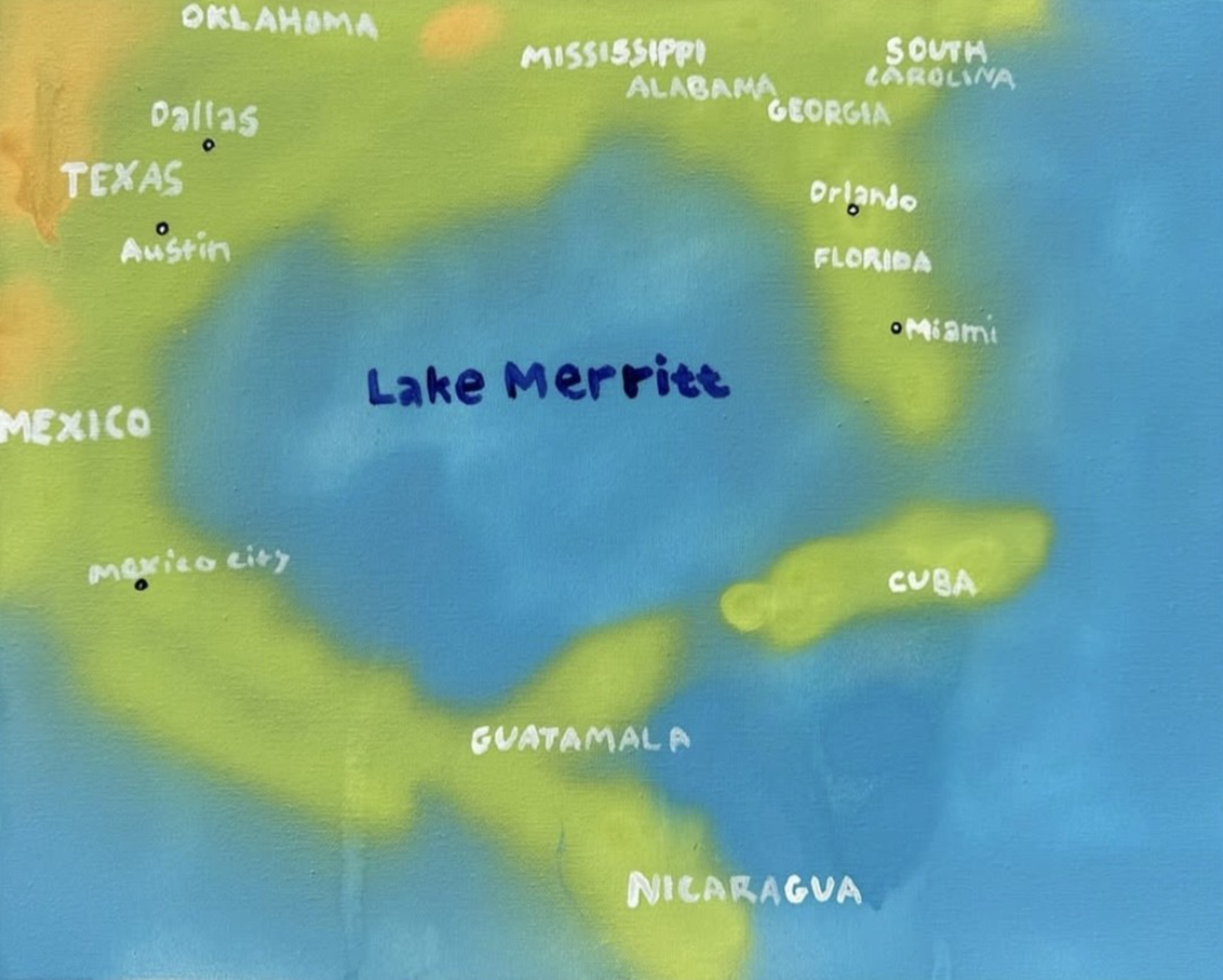 Lake Merritte is labeled in the center of a map depicting parts of the southern U.S., Mexico, Central America, and Cuba with key cities and states named around it.