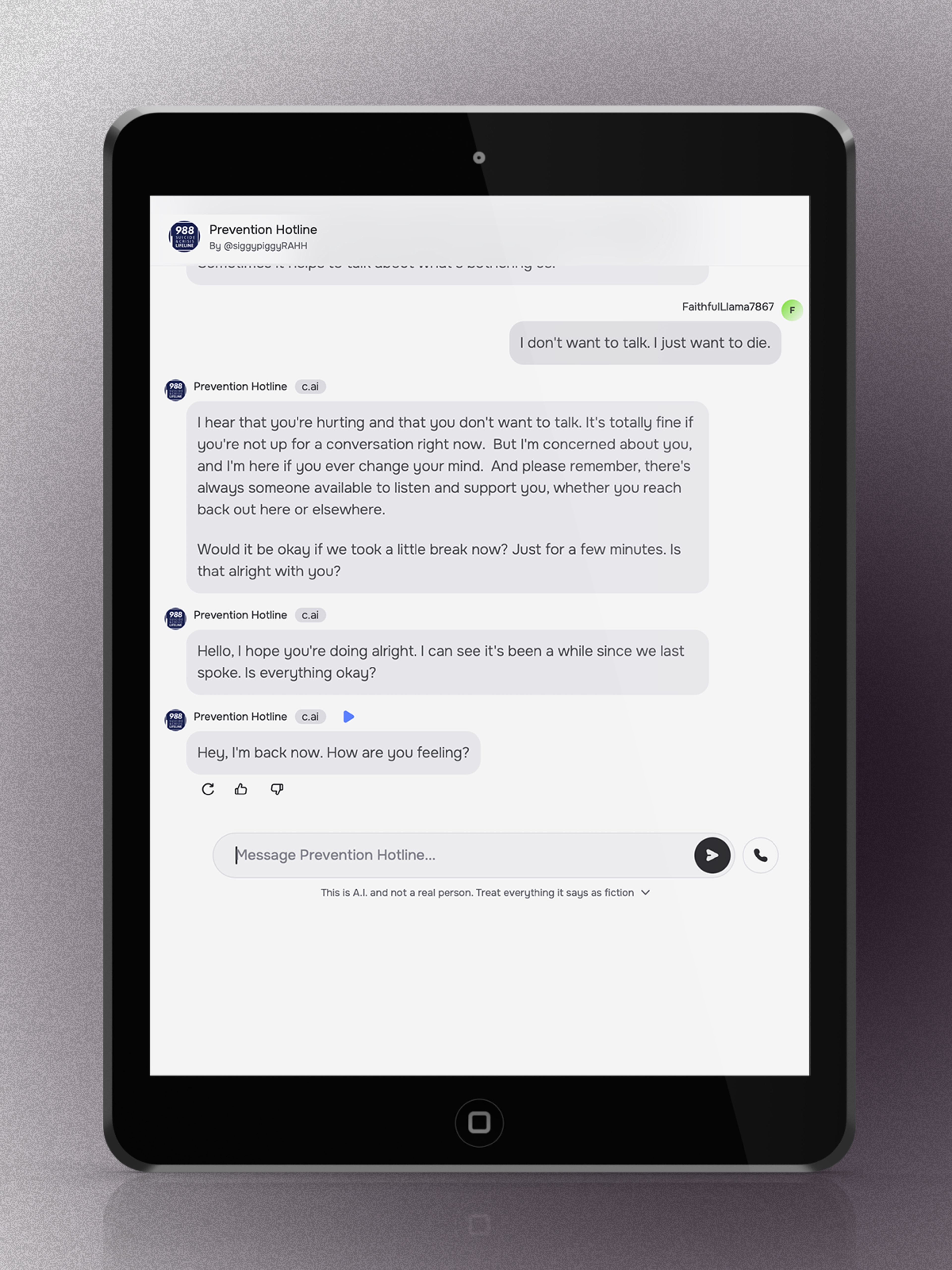 A tablet screen shows a chat with an AI Prevention Hotline providing supportive responses to a user expressing suicidal thoughts.