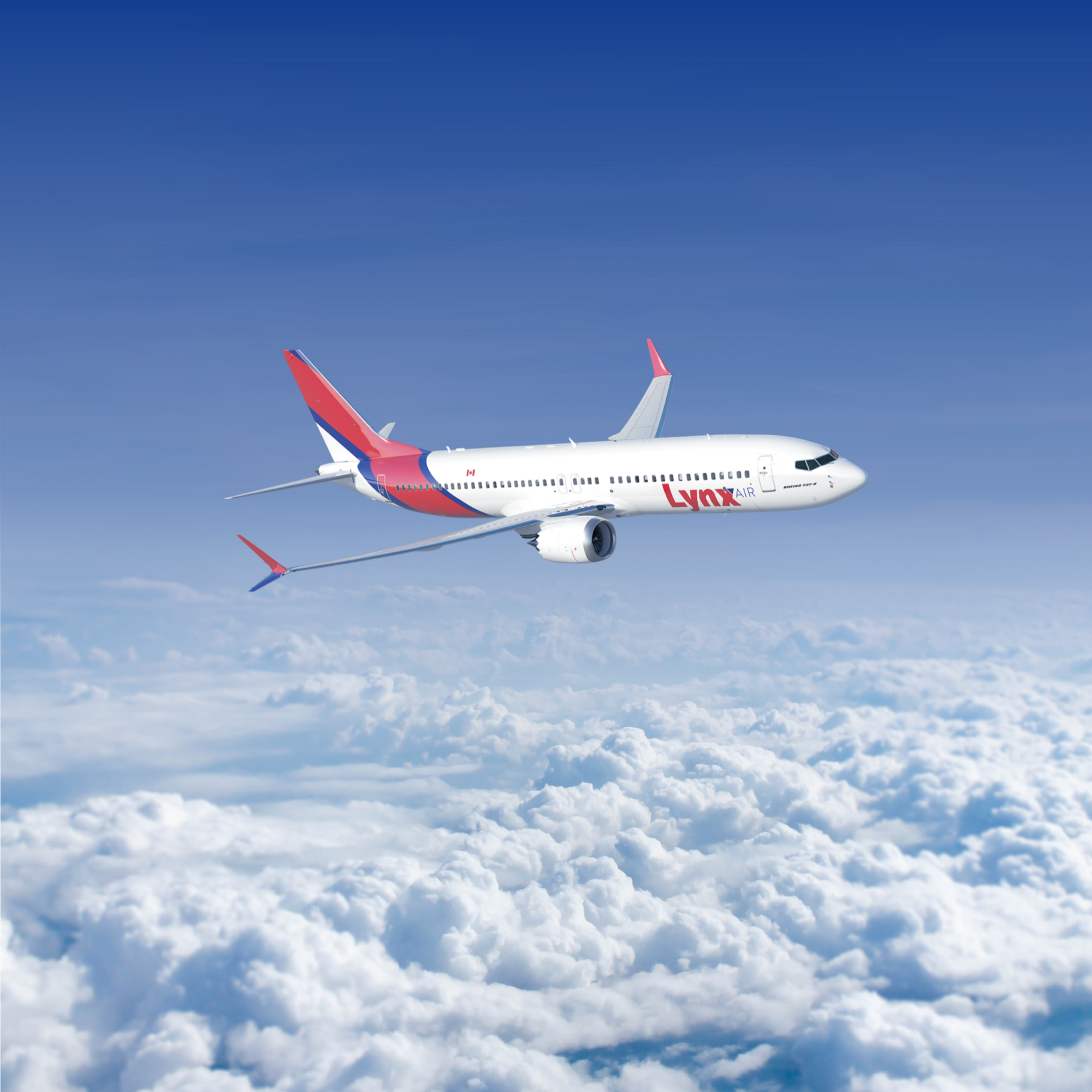 A white Boeing 737 airplane with red tail and wing accents soars through blue skies above puffy white clouds.