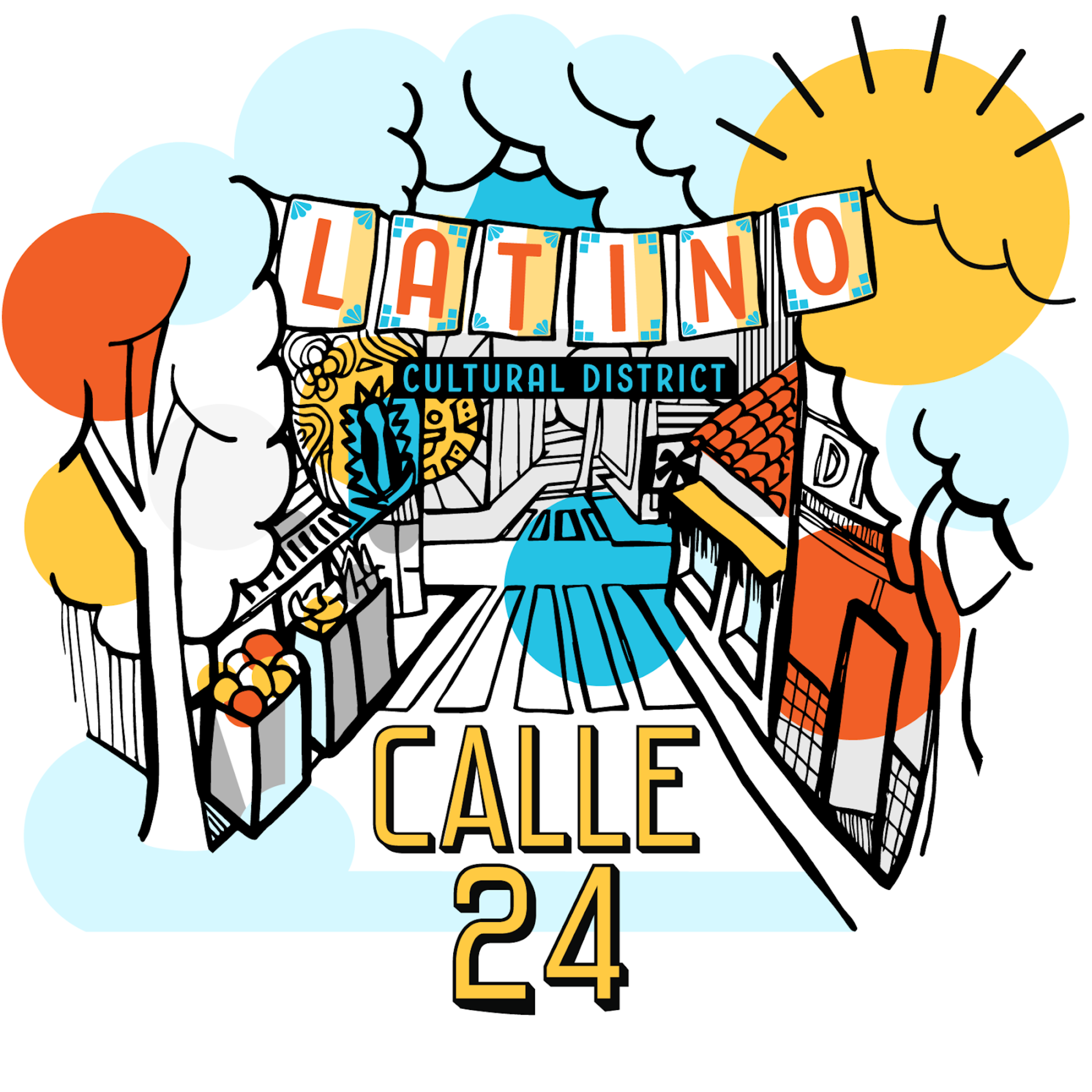 Colorful illustration of a street scene with "Latino Cultural District" banner and the text "Calle 24" below amidst stylized trees and buildings.