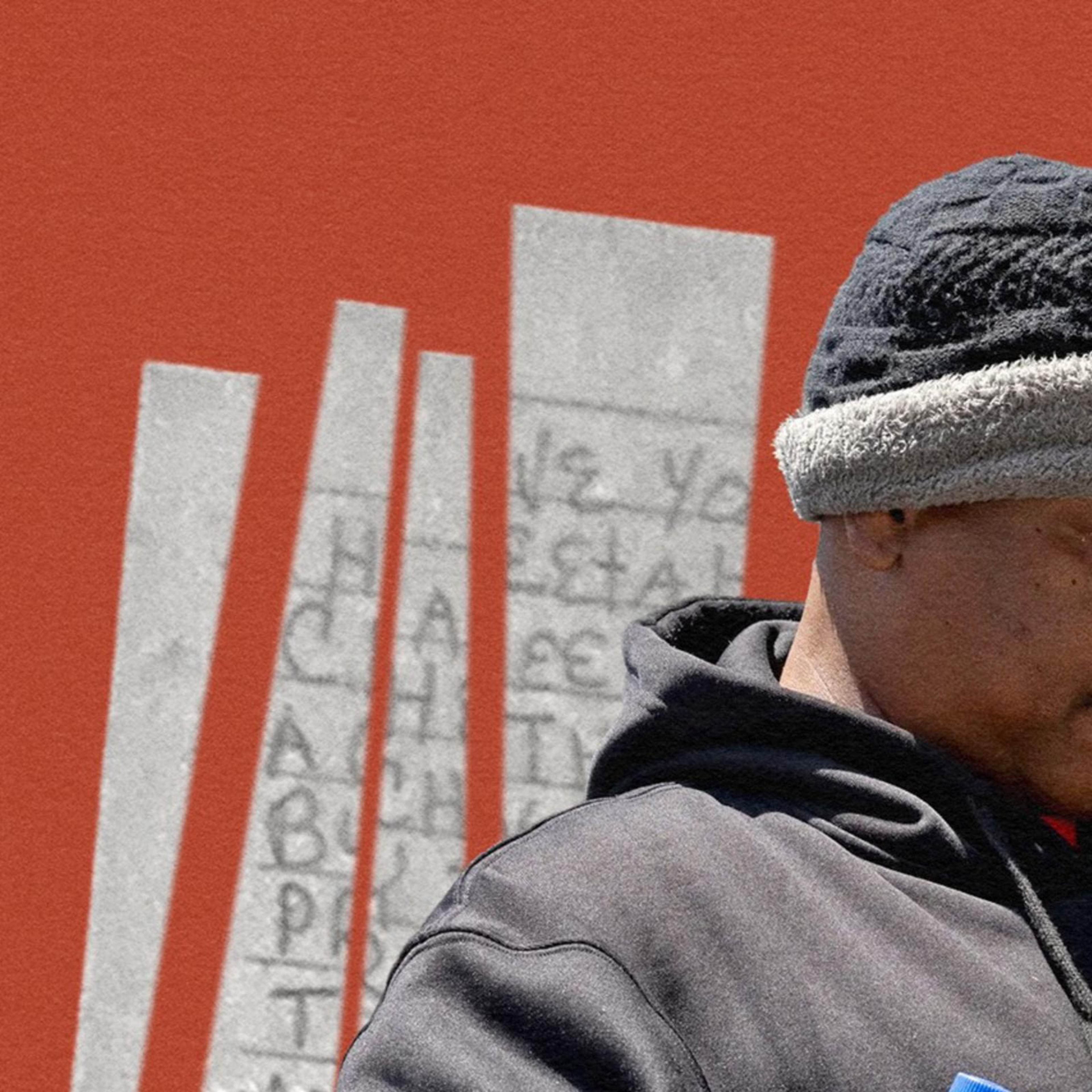 A collage of a man on his phone with ripped paper behind him.
