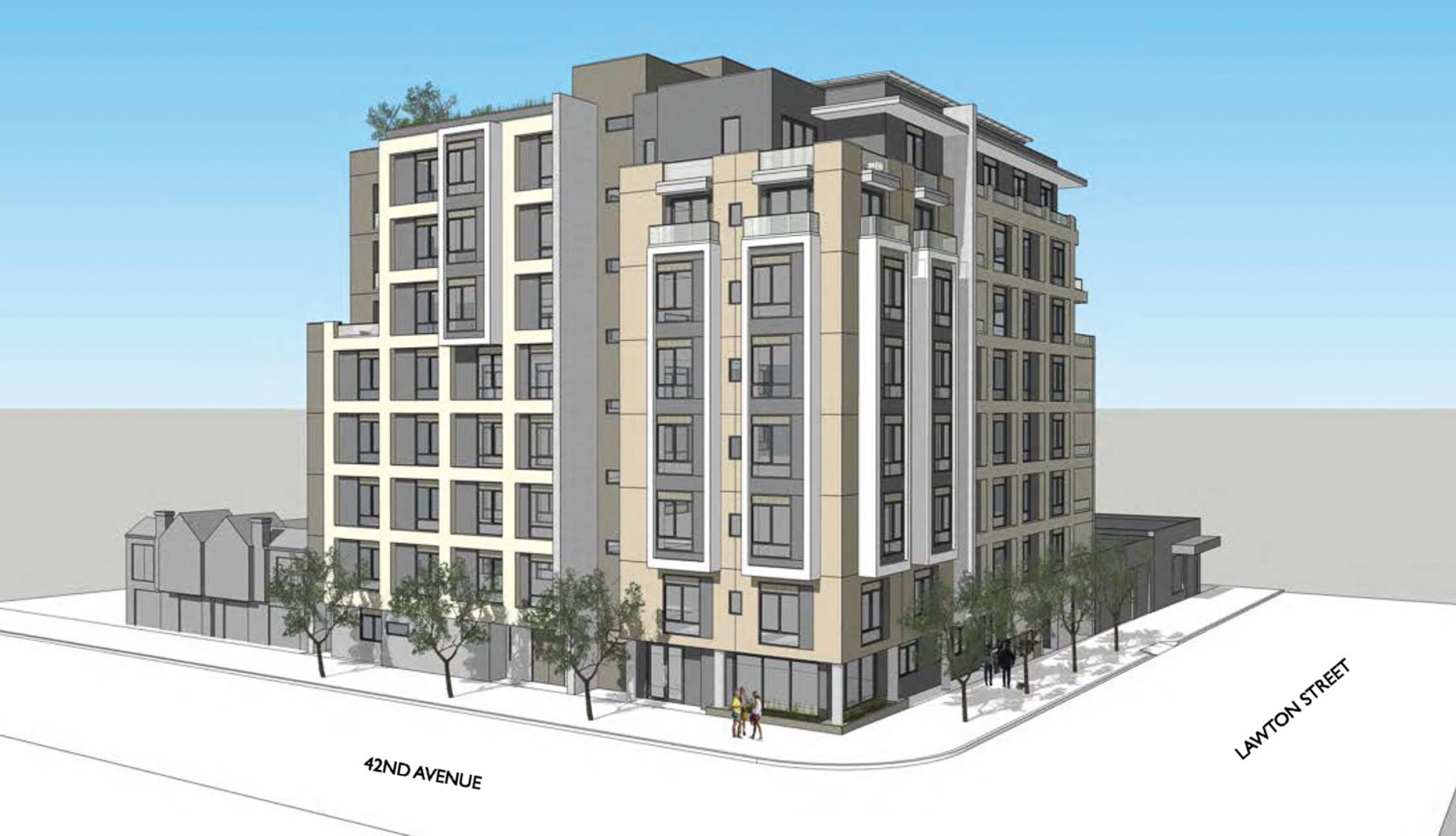 A modern multi-story apartment building on a street corner with trees in front. The structure features numerous windows and a rooftop garden area.
