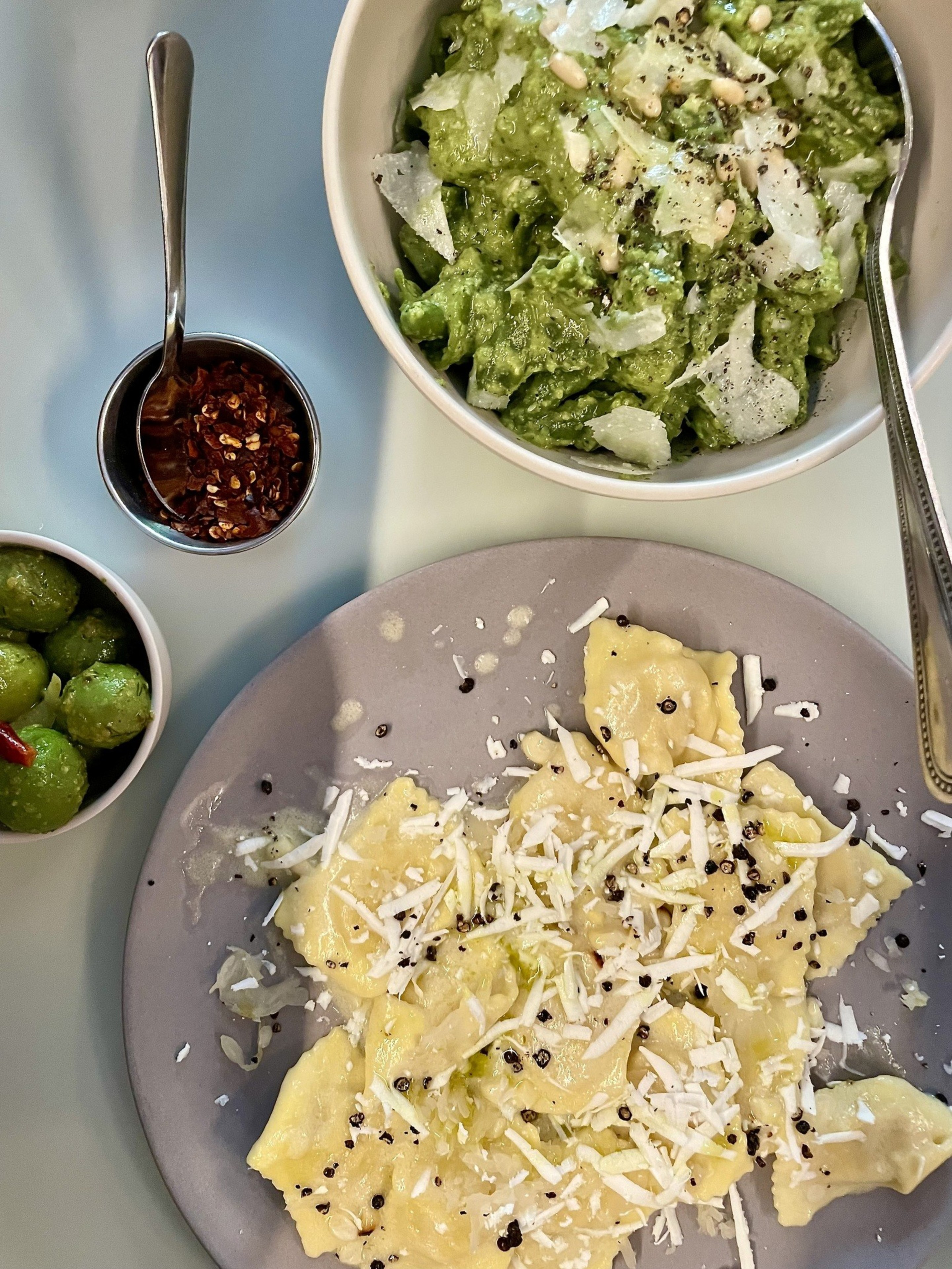Corn ravioli and fava bean pesto pasta at Pasta Supply Co.