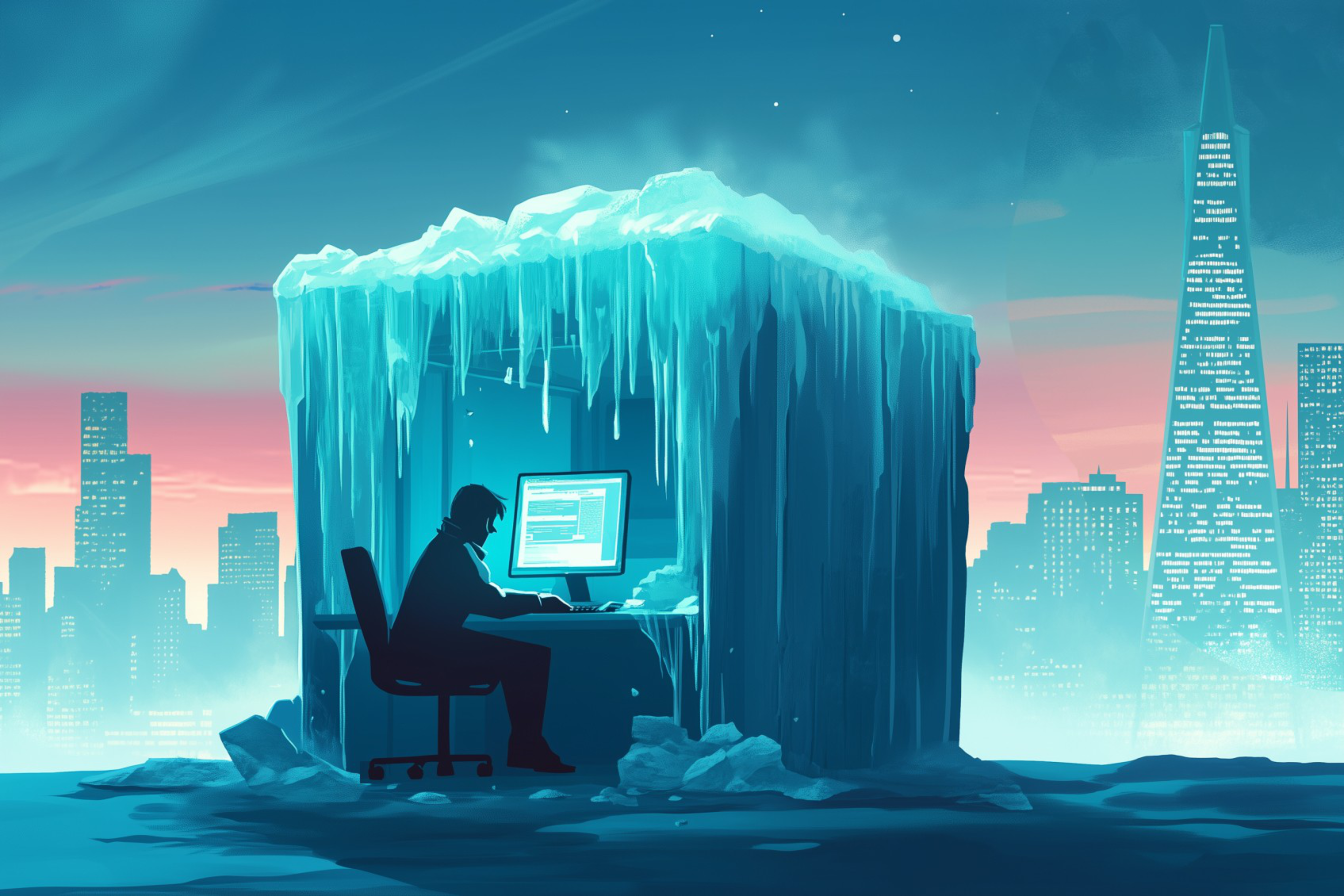 A person works at a computer inside an office that is encased in ice, with icicles hanging down. The background shows a cityscape at dusk.