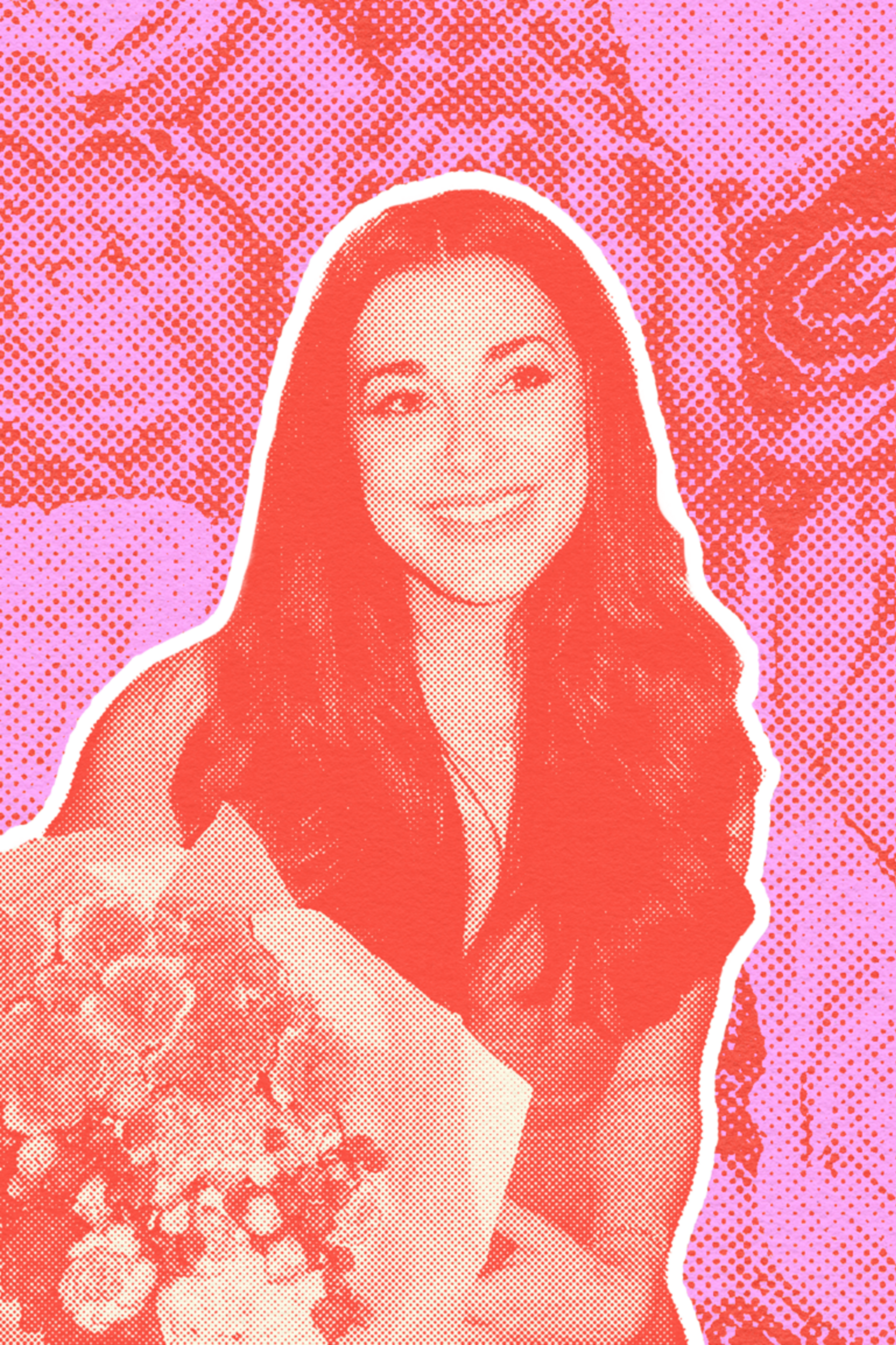 A smiling woman with long hair holds a bouquet of flowers, surrounded by heart icons and a pink rose-patterned background.