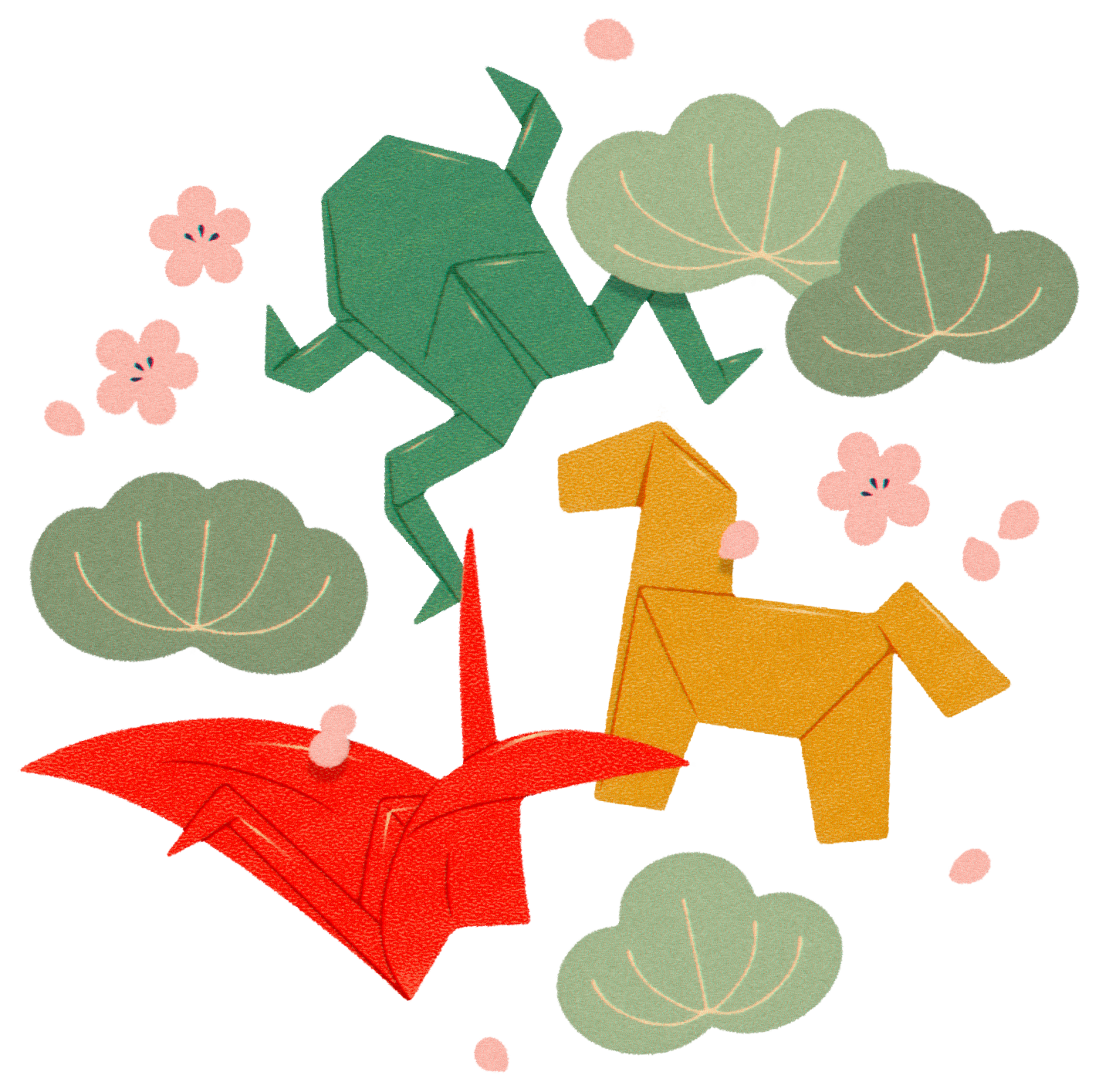 A green origami frog, a yellow origami dog, and a red origami crane are surrounded by green leaves and pink flower petals.