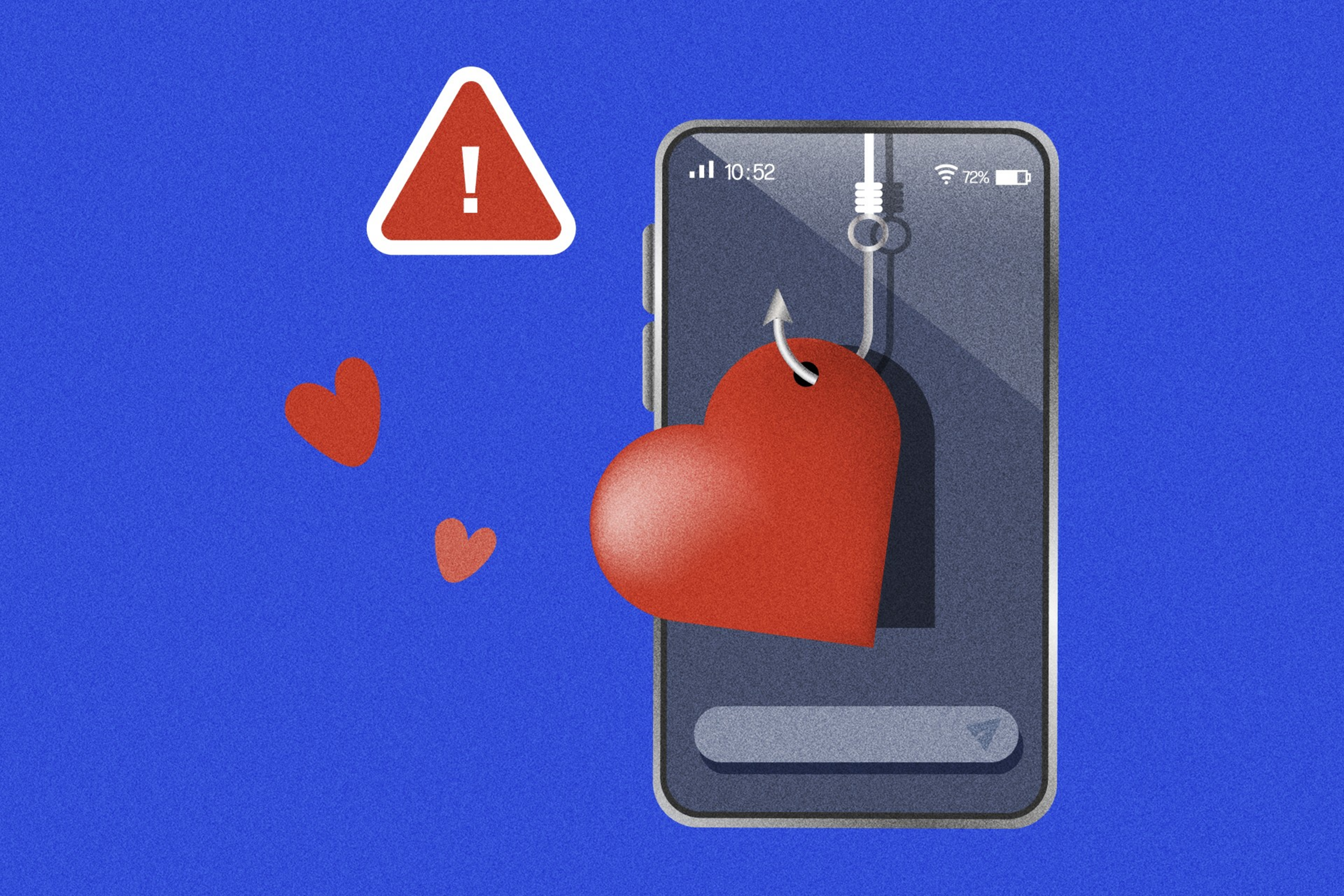 A smartphone screen shows a red heart caught on a fishing hook, with a warning symbol nearby, symbolizing love-related online scams.