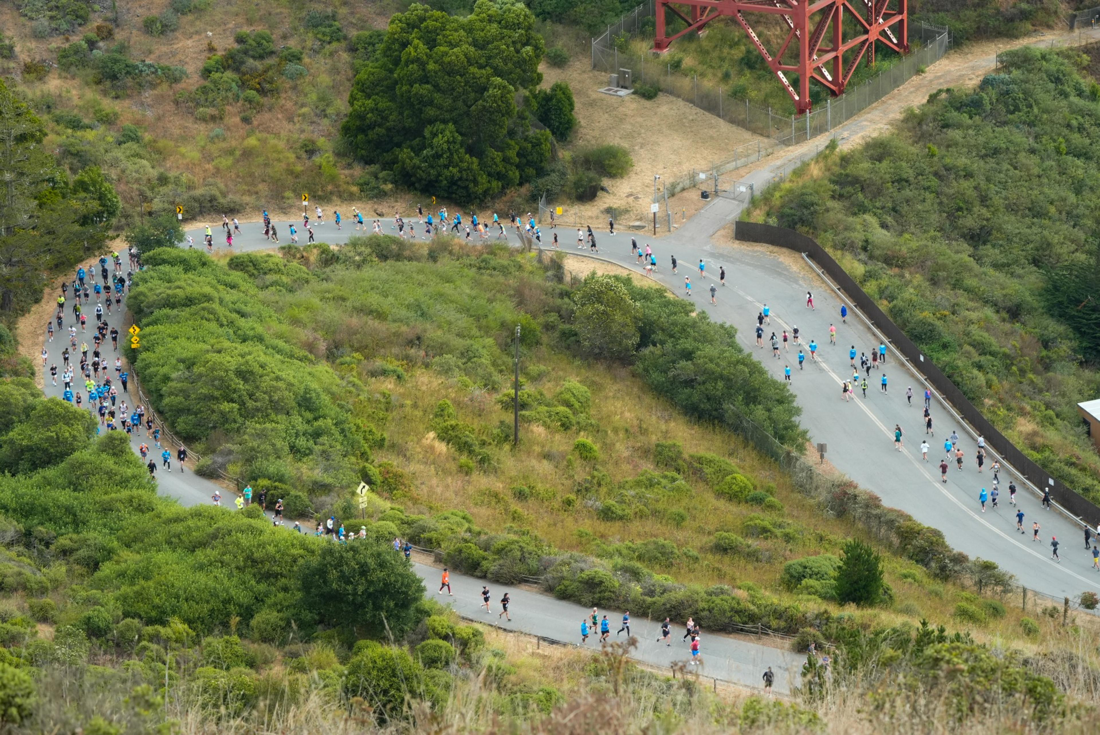 A large group of runners is navigating a winding road through a green, hilly landscape. The road curves sharply and is surrounded by dense, lush vegetation.