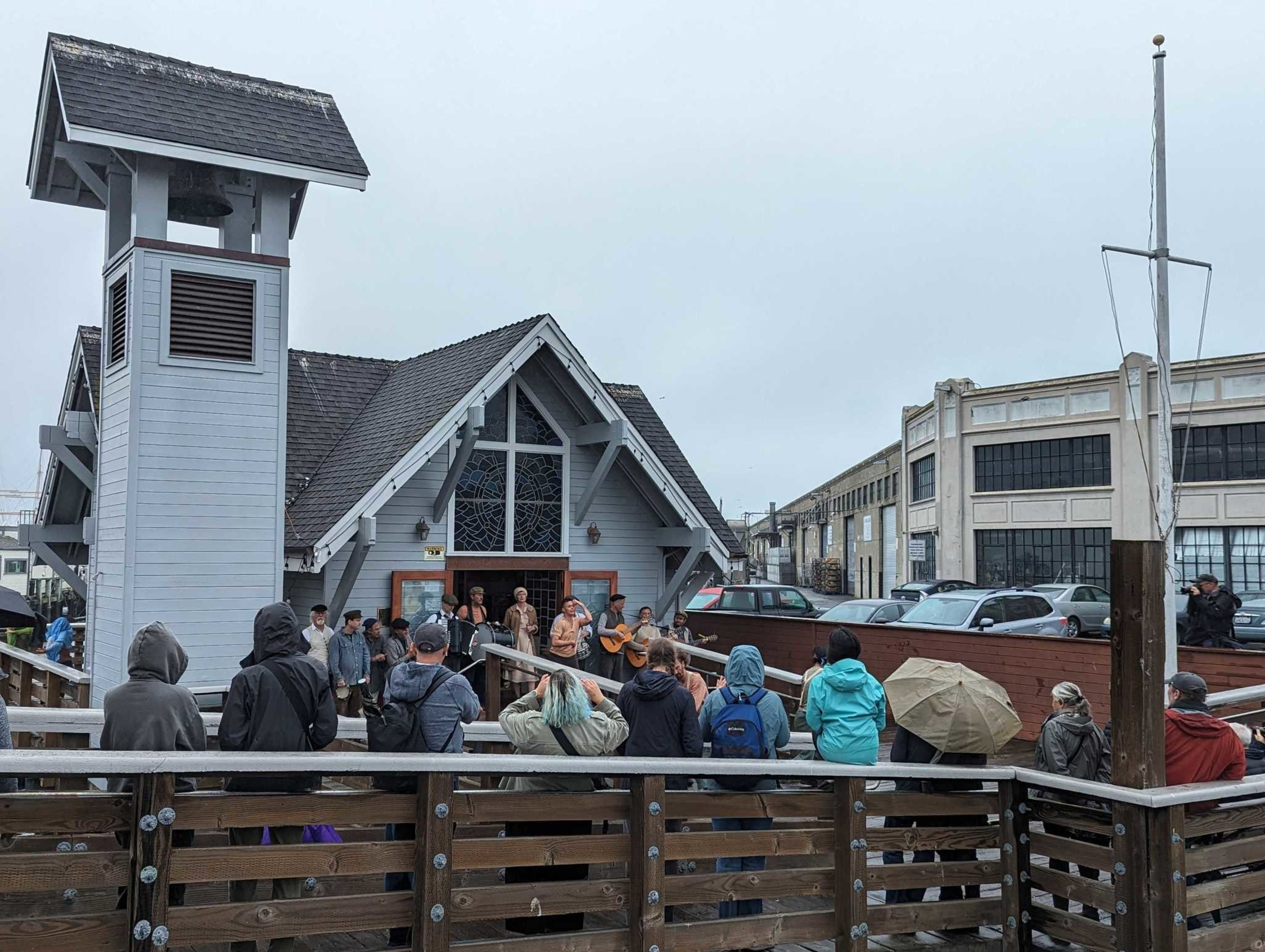 Epiphany Dance Theater members perform with Jonah's Lift outside the Fishermen's and Seamen's Chapel at Fishermen's Wharf for the San Francisco Trolley Dances festival on Sunday, October 22, 2023. Epiphany’s San Francisco Trolley Dances (SFTD) is an annual festival presented over 3 days along a designated public transit route. SFTD connects neighborhoods and participants to San Francisco’s history, culture, architecture, natural environment and social fabric.