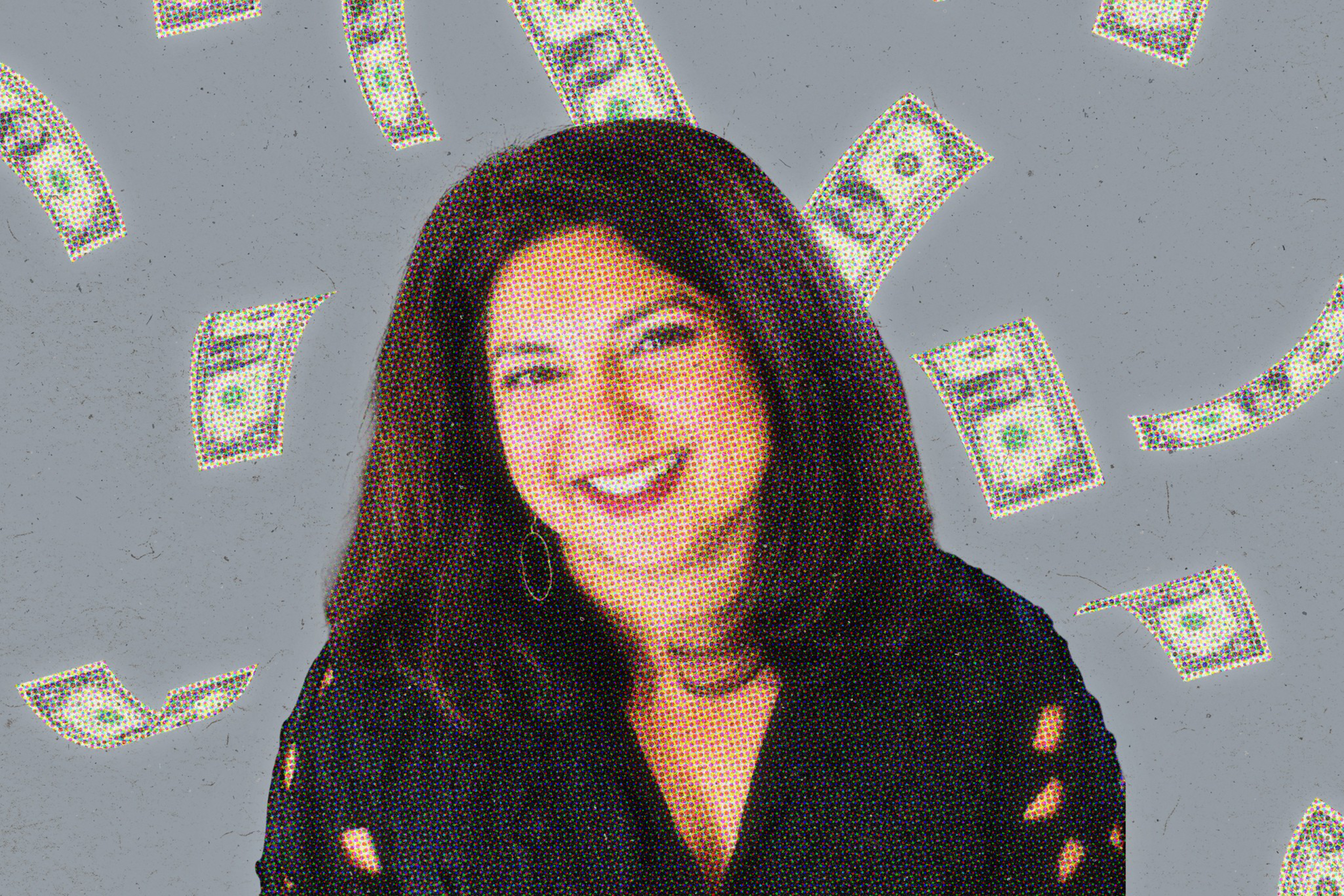 A smiling woman with shoulder-length dark hair wearing a black top stands against a grey background with floating dollar bills around her.