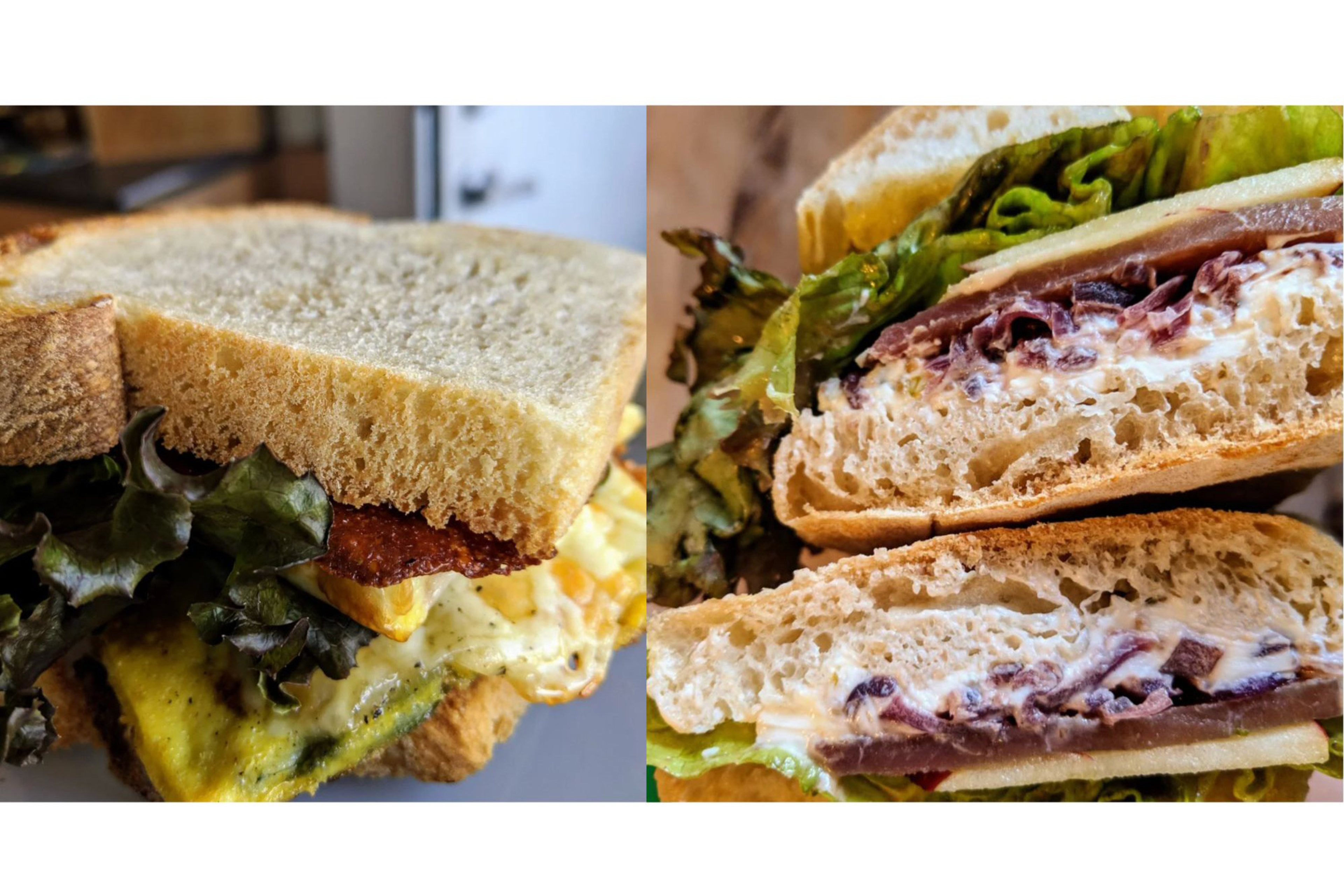 Two close-up views of a sandwich: one with leafy lettuce, egg, and bacon on white bread; the other with roast beef, lettuce, and mayo on a crusty roll.