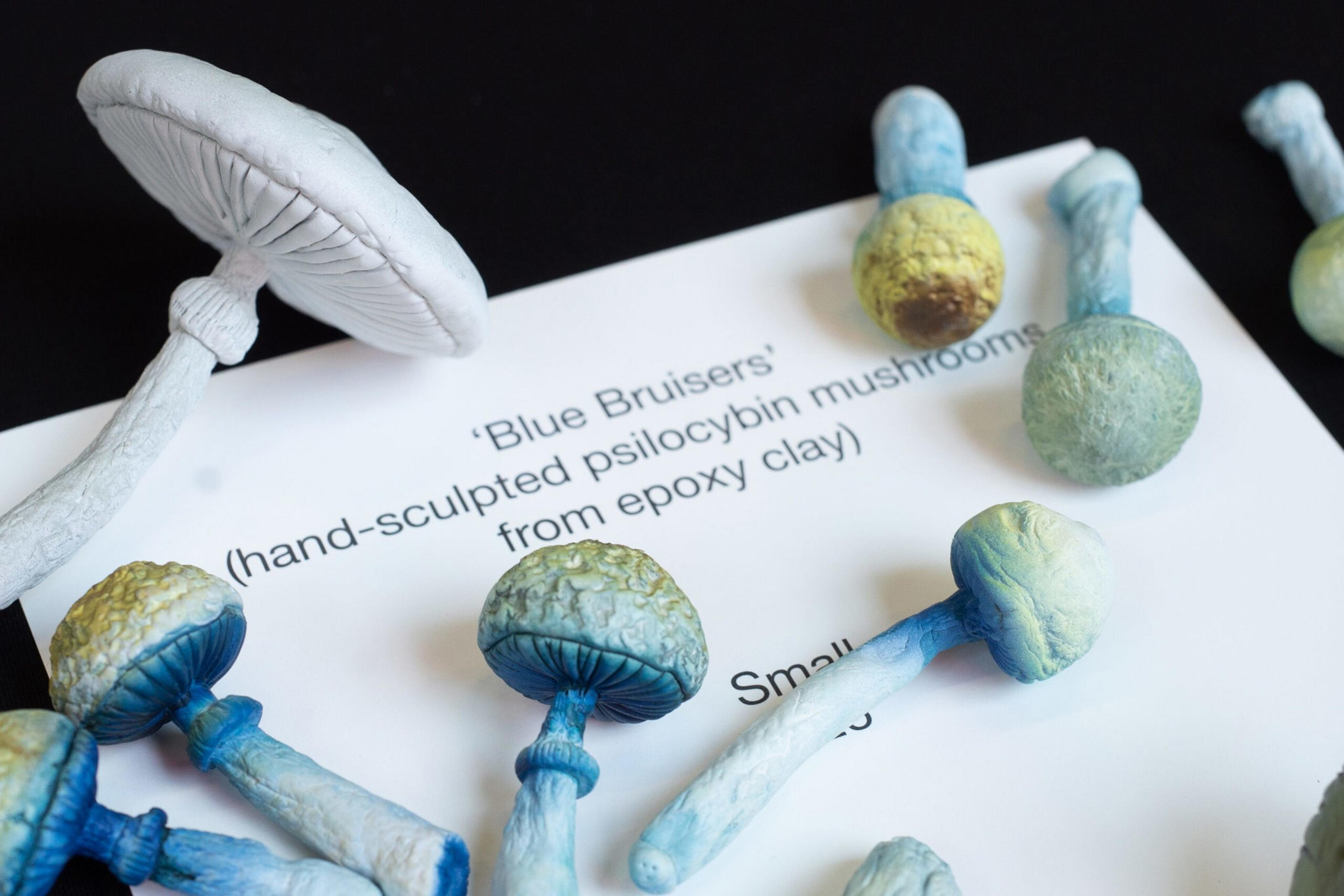Hand-sculpted epoxy clay psilocybin mushrooms in blue, green, and yellow hues are scattered on a paper labeled "Blue Bruisers."