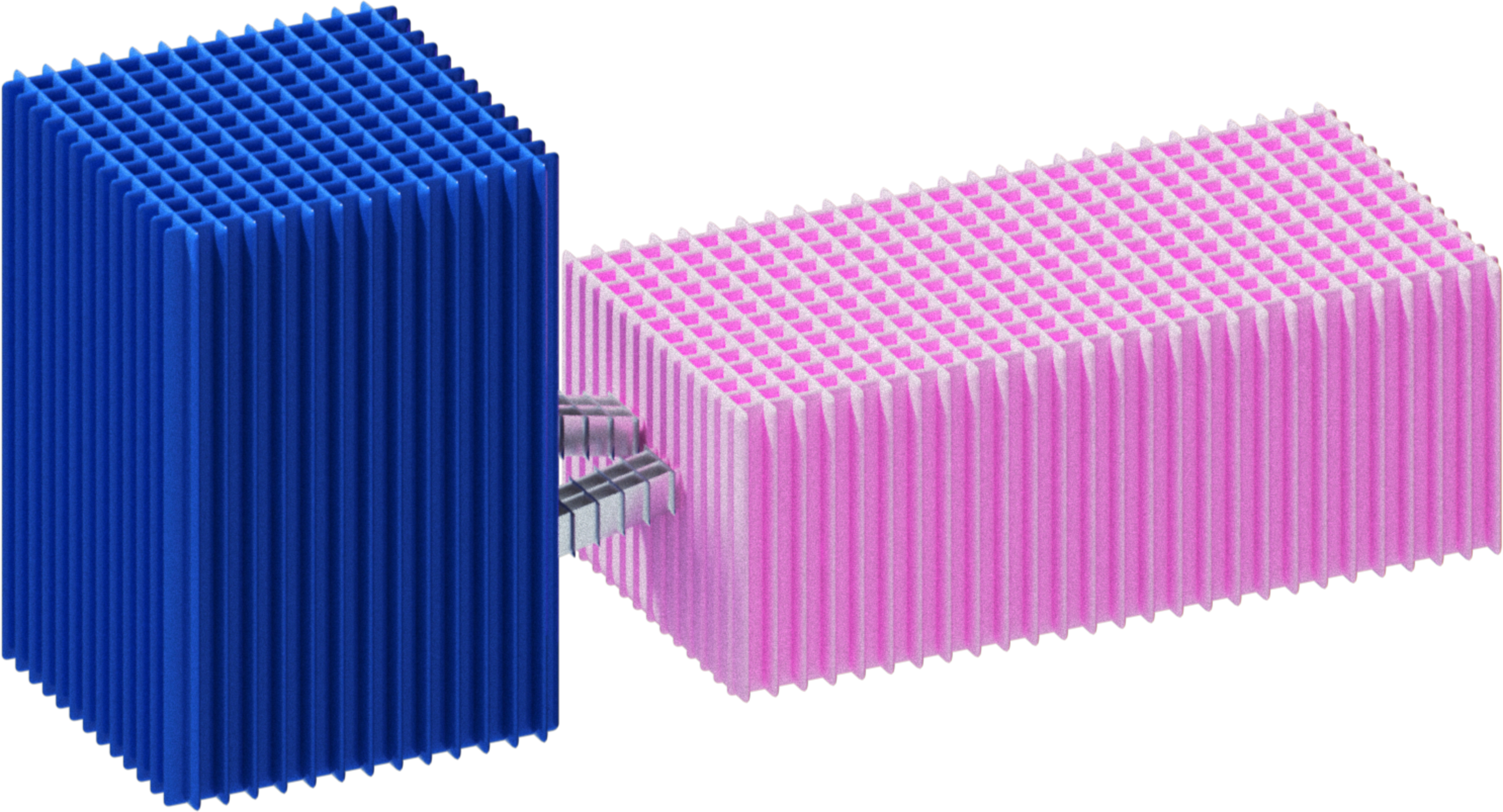 A blue cube and a pink rectangular prism, both with grid-like hollow structures, are connected by three metallic rectangular bars.