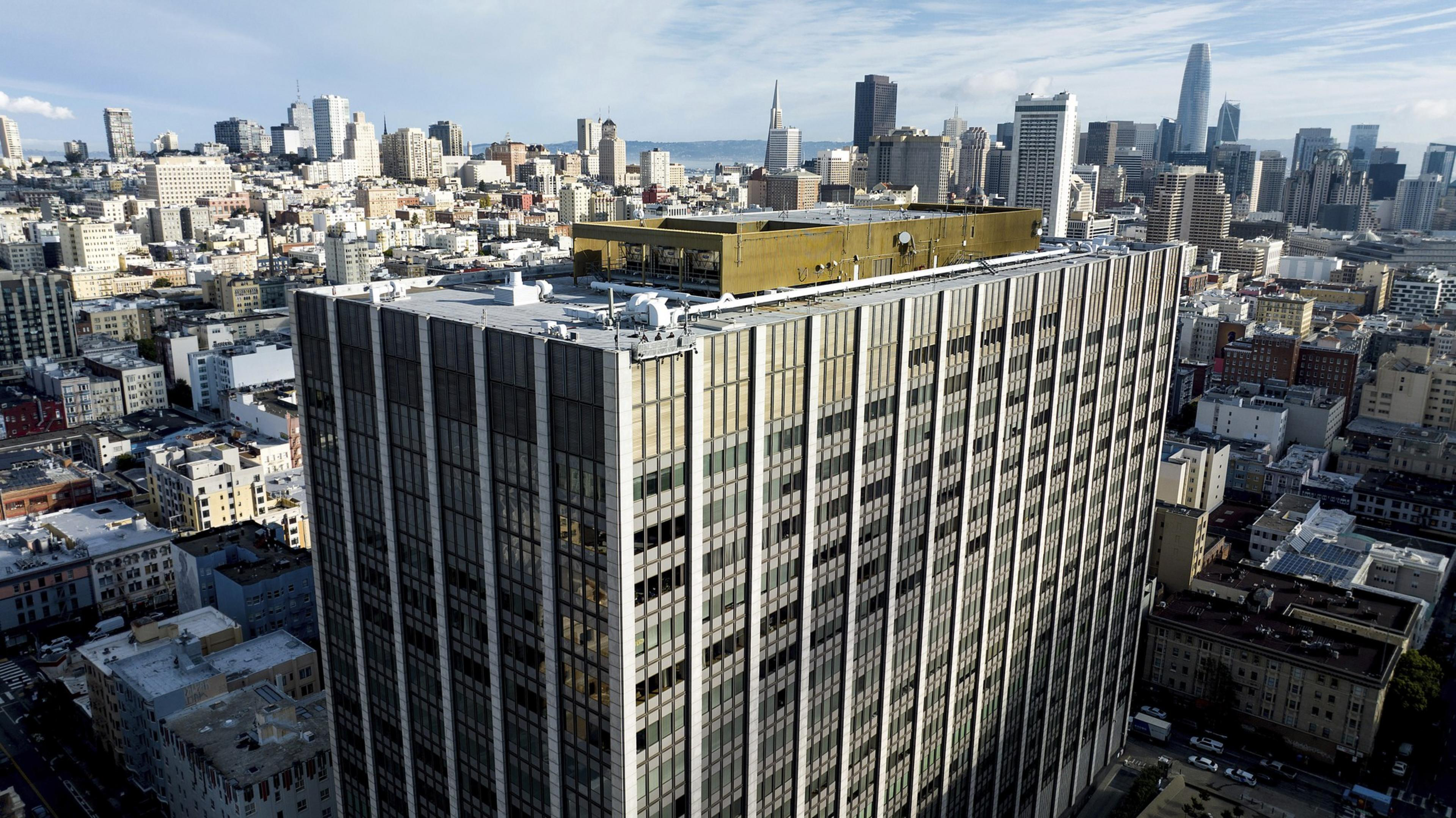 The Philip Burton Federal Building and U.S. Courthouse is seen from above.