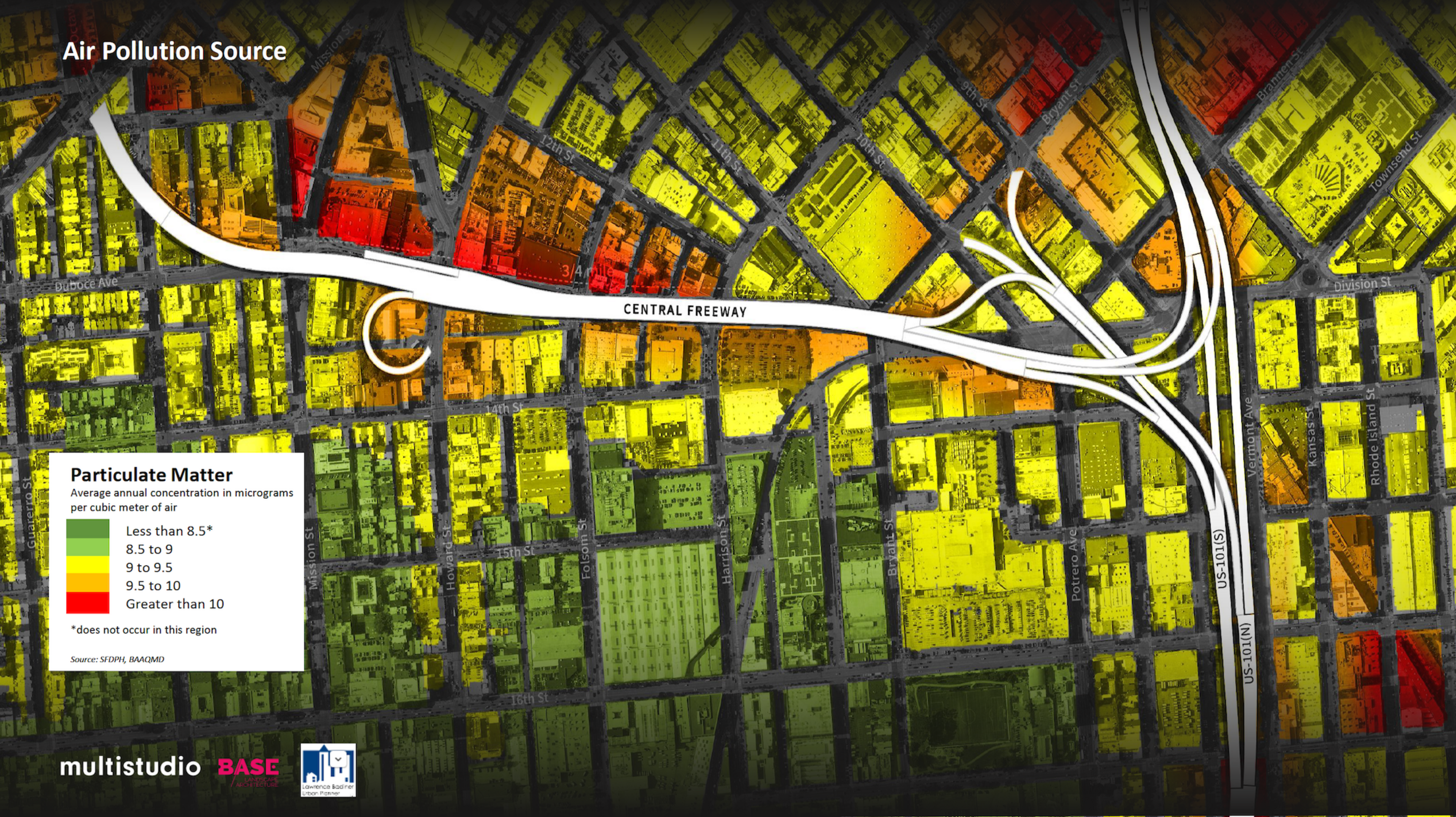 The image maps particulate matter in a city, with colors indicating pollution levels: green (low), yellow, orange, and red (high) near Central Freeway and US-101.