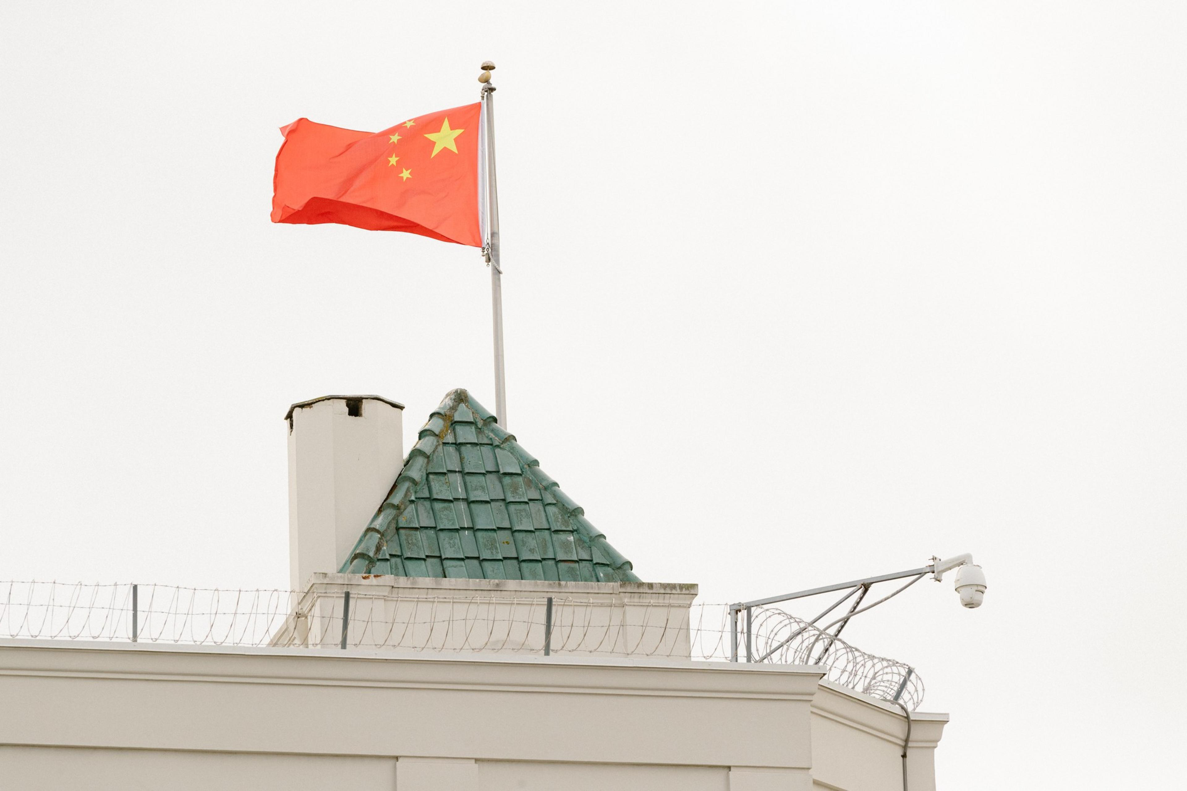The Chinese flag at the Consulate General of The Peopleâ€™s Republic of China in San Francisco on Tuesday, October 10, 2023. San Francisco police on Monday shot and killed a man who a police source said was armed with a crossbow after he rammed a car into th