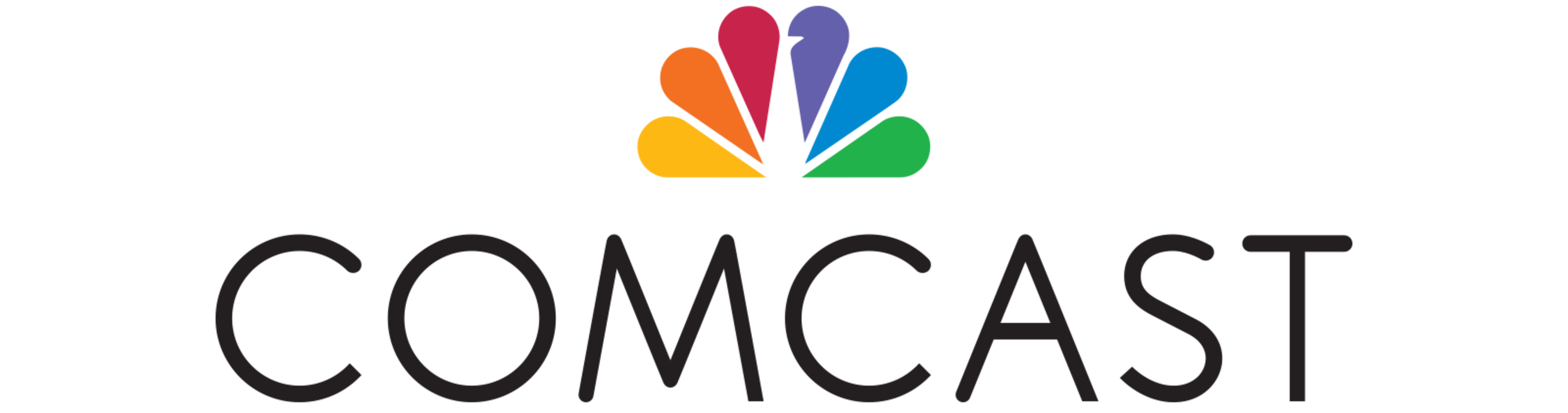A colorful six-petal peacock logo above the word "COMCAST" in bold, black uppercase letters.