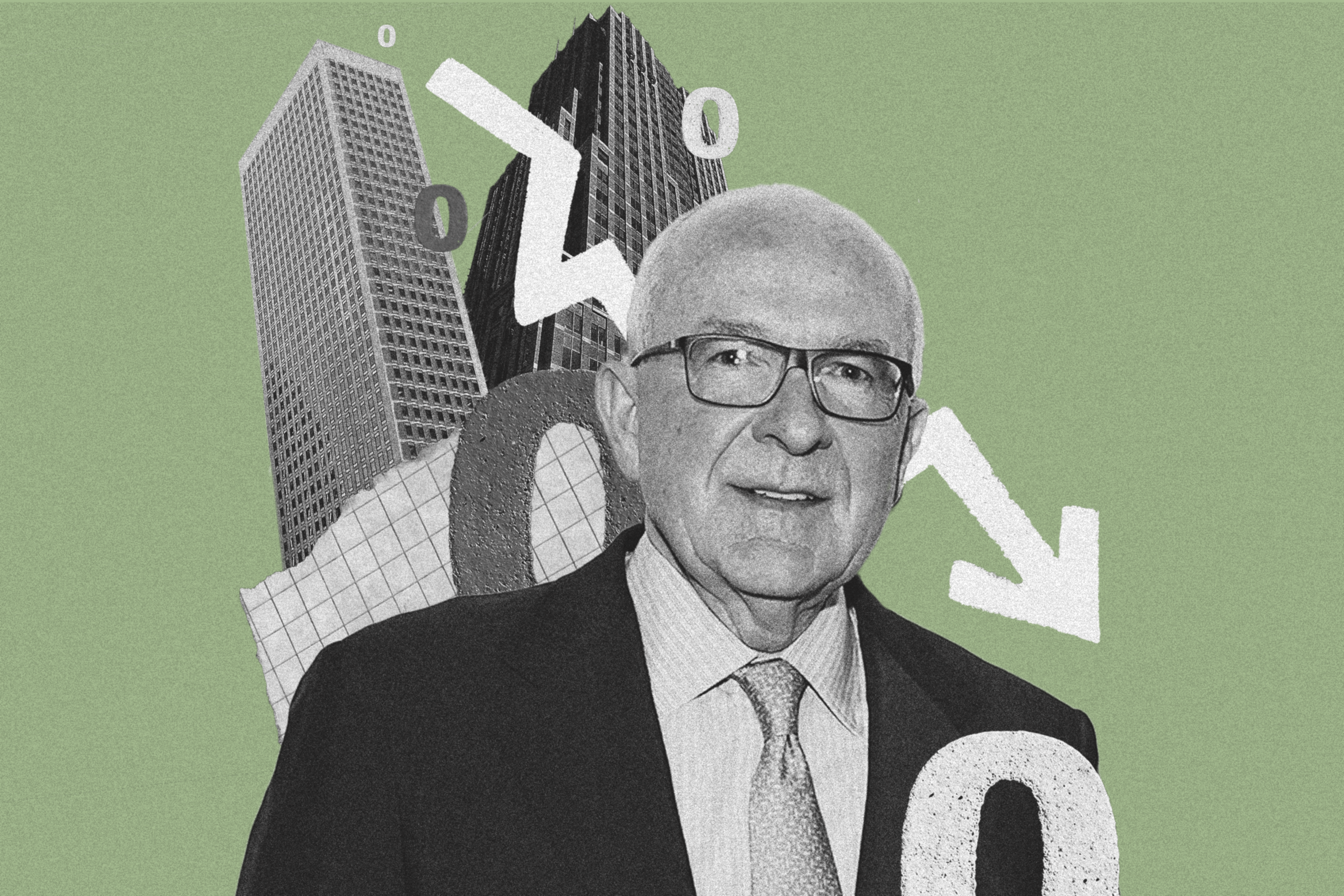 A photo illustration depicting a man, a building, against a green background