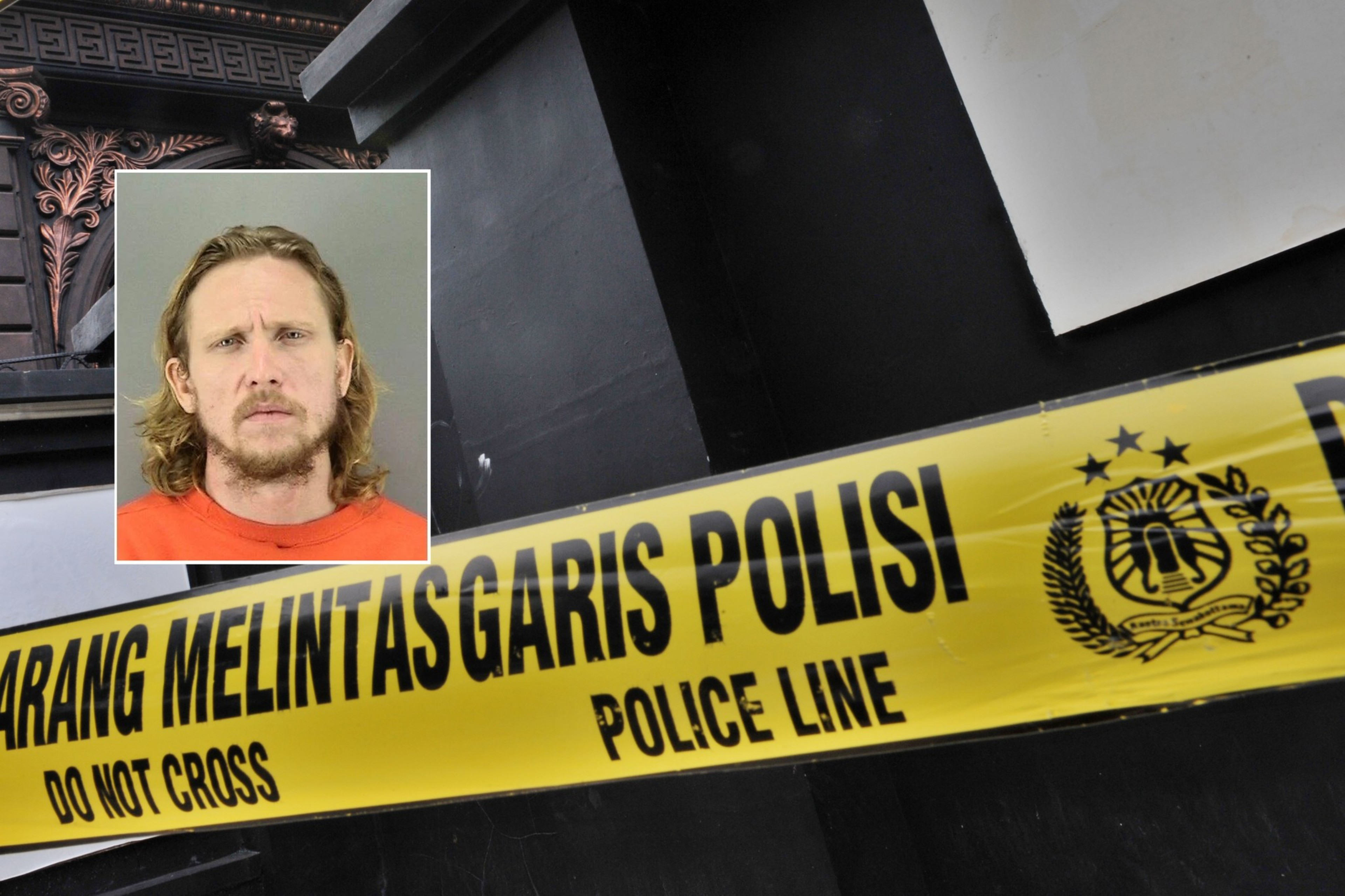 Yellow police tape with "Do Not Cross" and Indonesian text, placed across a dark wall, alongside an inset of a man with long blond hair and a beard.