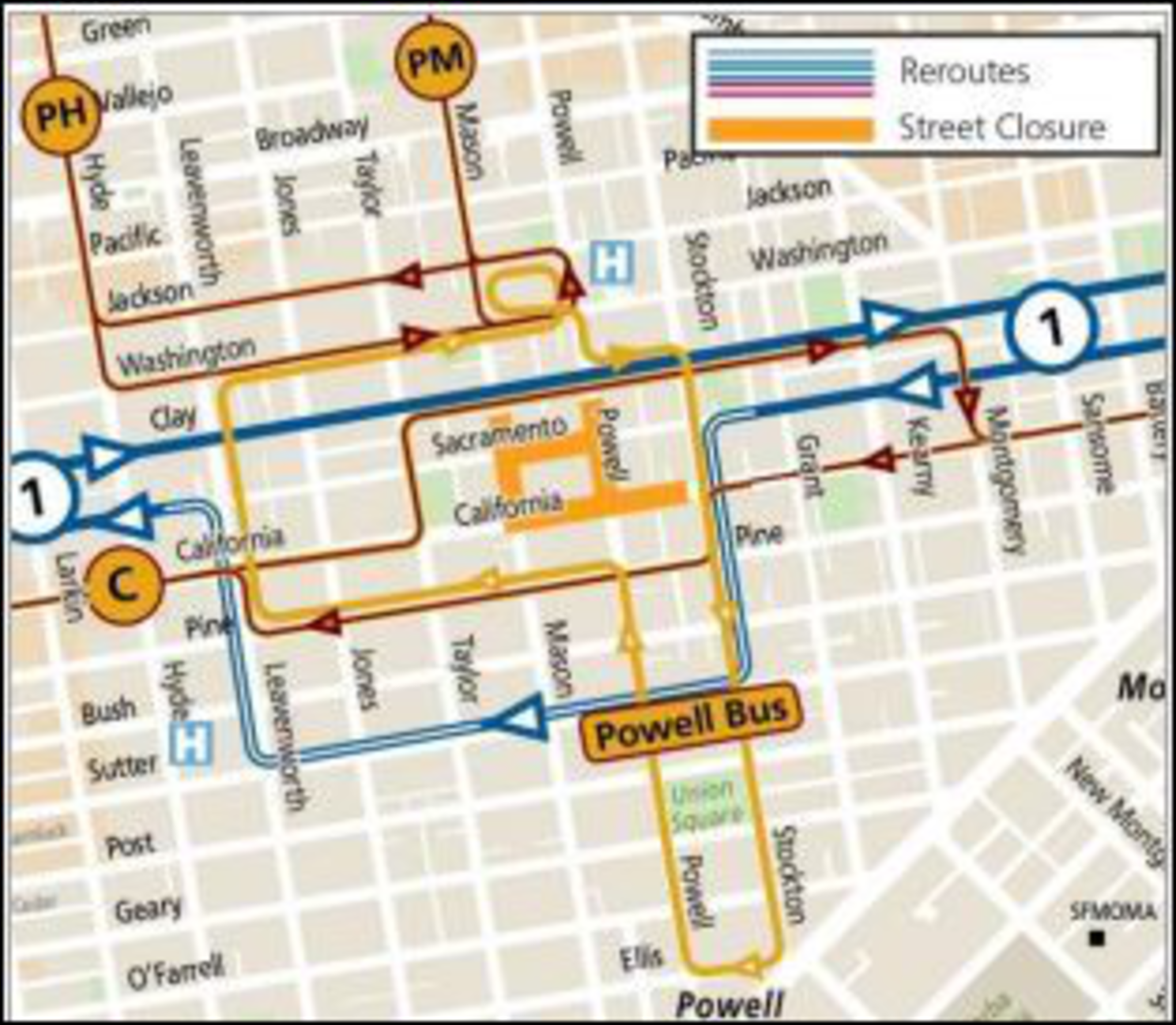 A map showing street closures Tuesday and Wednesday in parts of Chinatown and Downtown San Francisco | Courtesy SFMTA