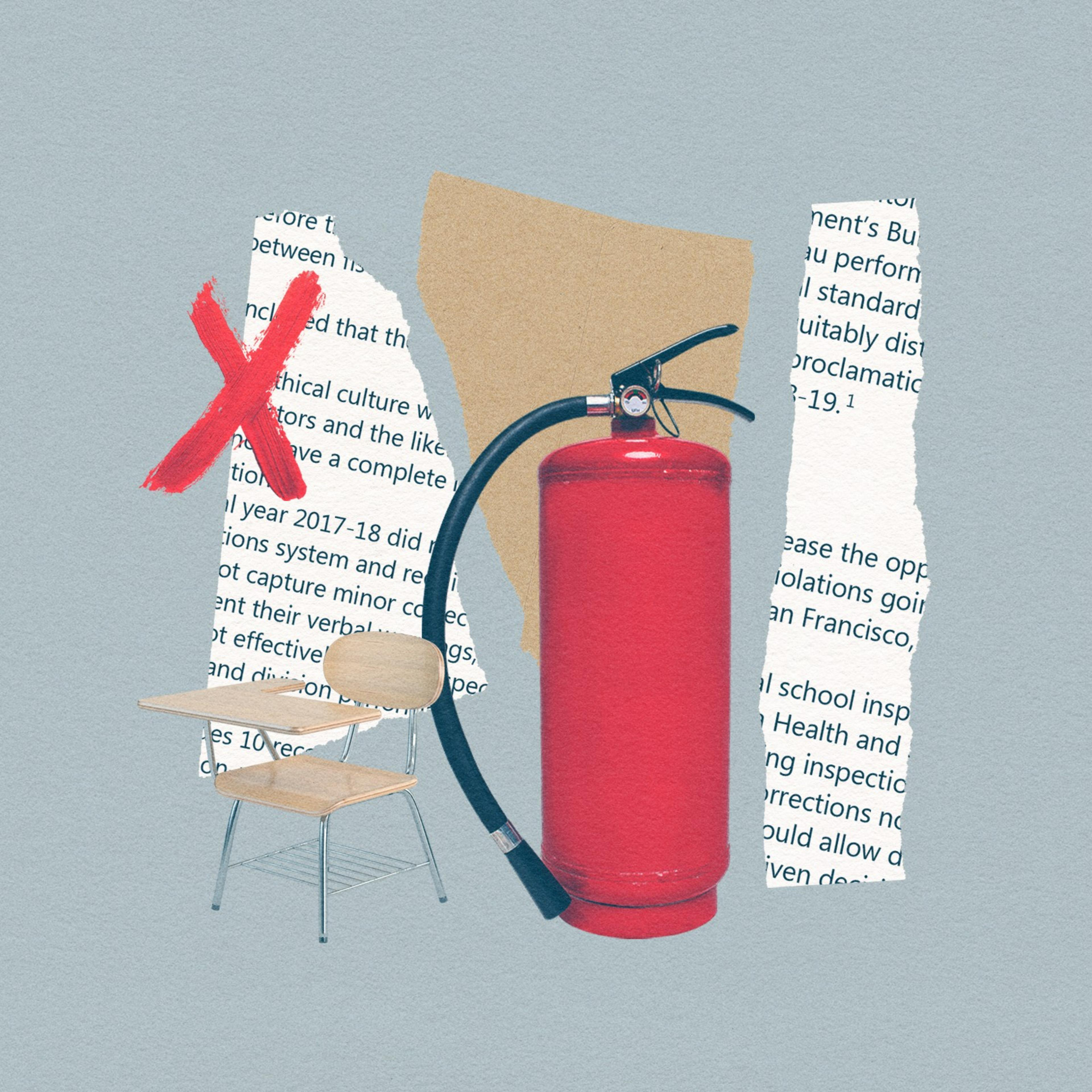 A photo collage showing pieces of ripped paper, a red fire hydrant, a red X mark, and a classroom chair.