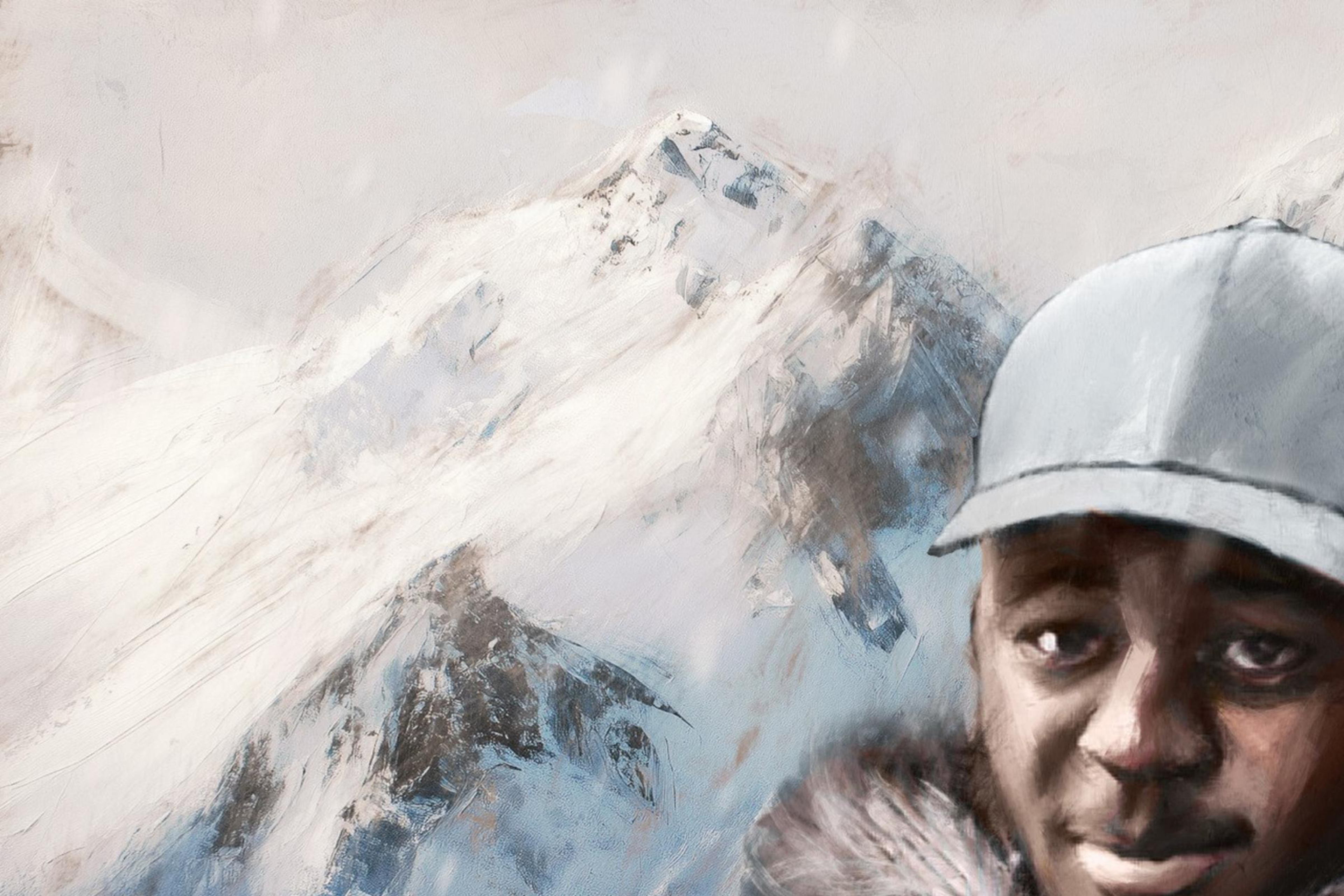 An illustration of a man standing in snow