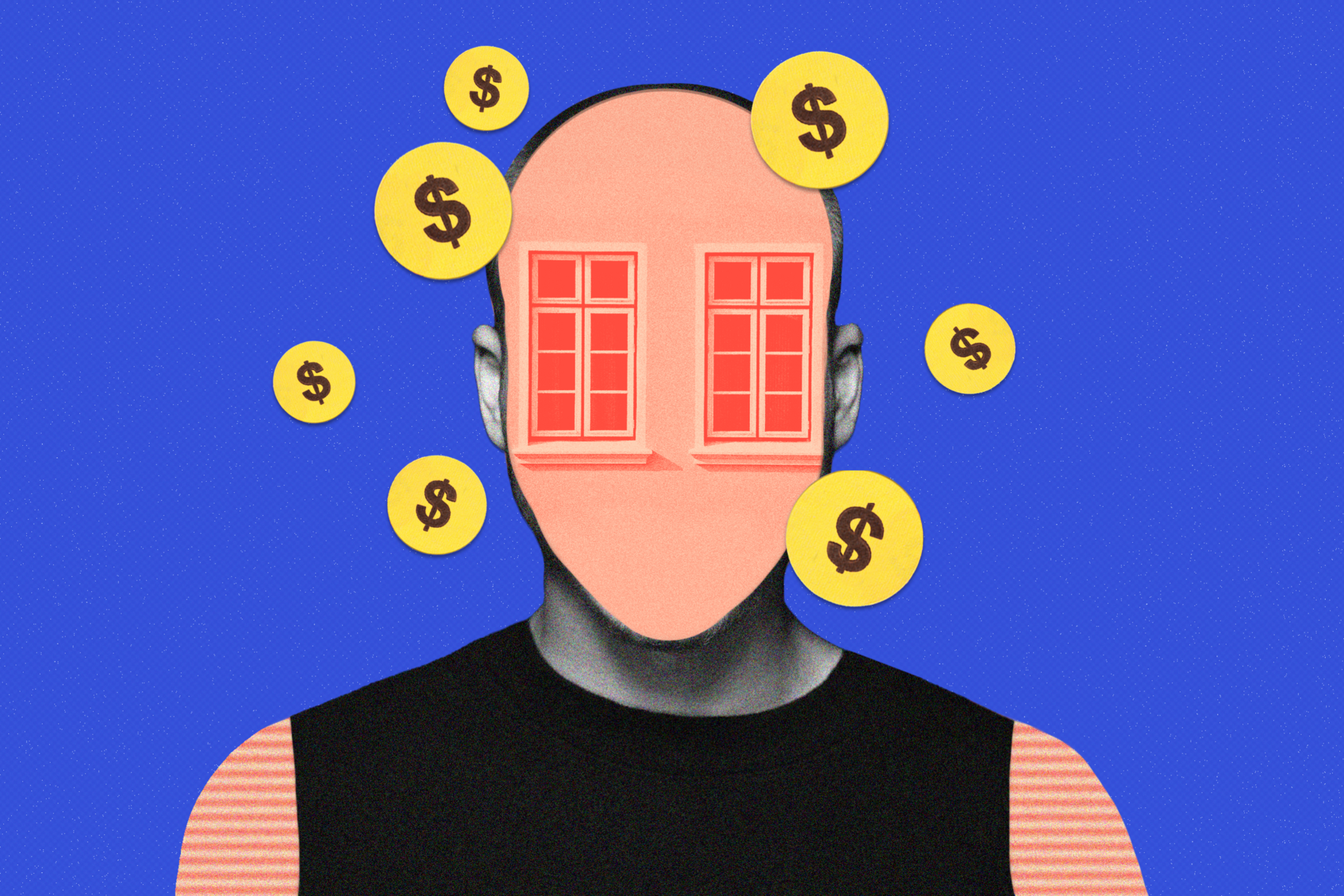 A person with a blank pink face that has two red windows instead of eyes is surrounded by floating yellow coins with black dollar signs on a blue background.