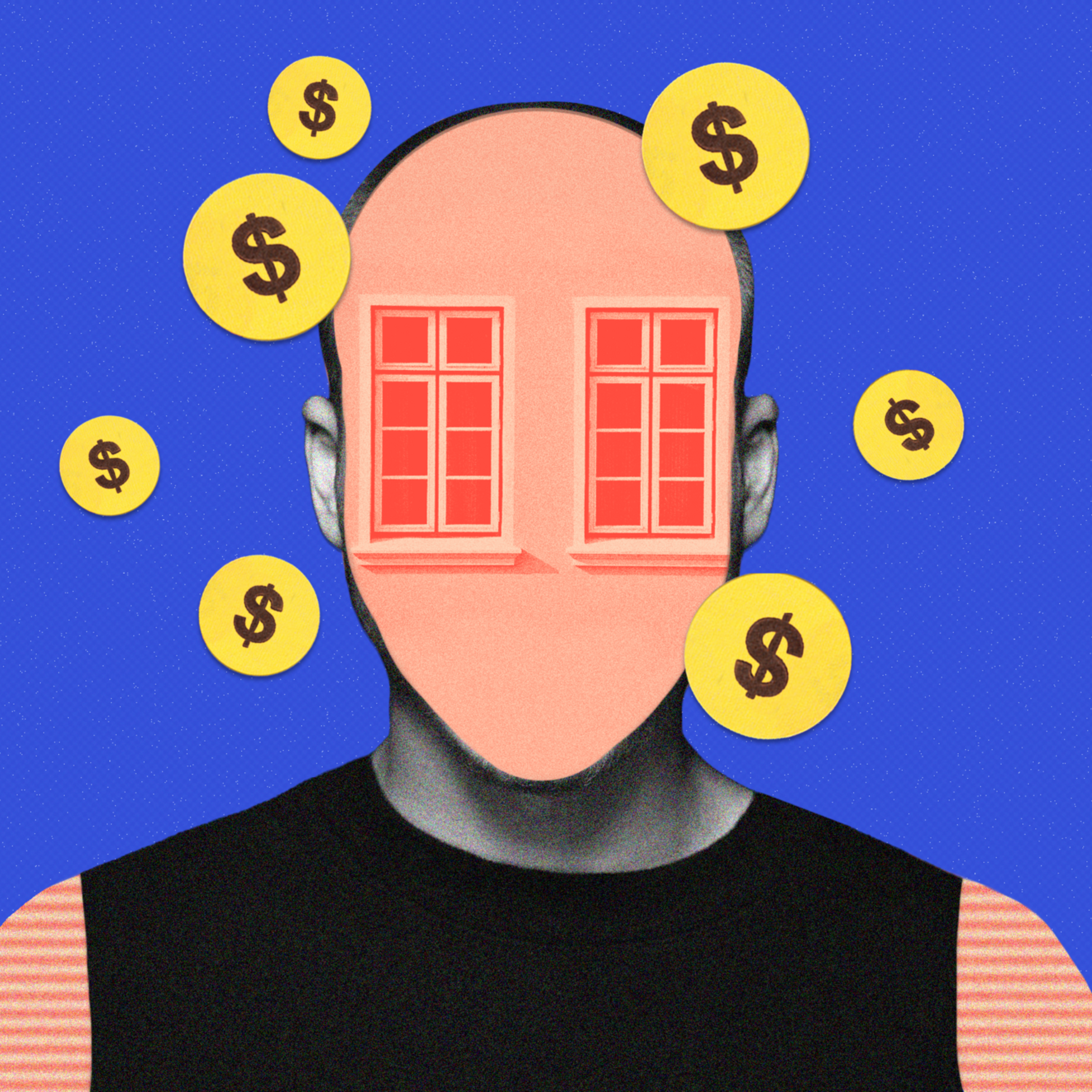A person with a blank pink face that has two red windows instead of eyes is surrounded by floating yellow coins with black dollar signs on a blue background.