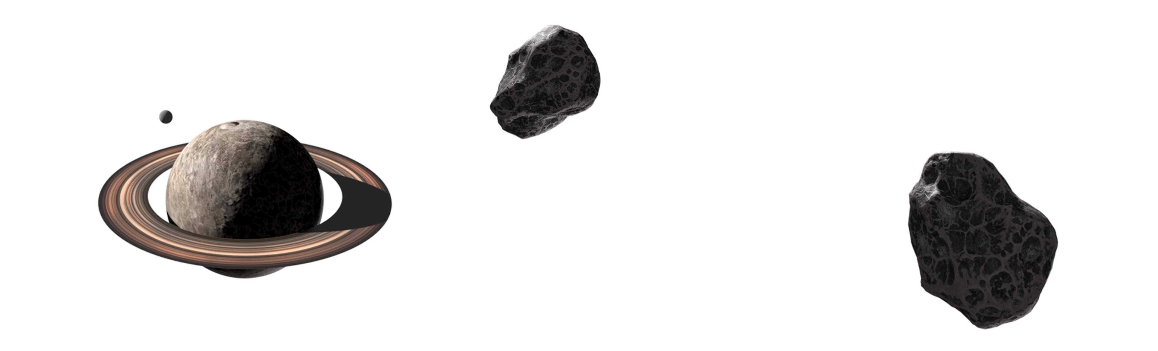 A central, brownish, cratered planet is surrounded by four irregular, dark gray asteroids against a black background.