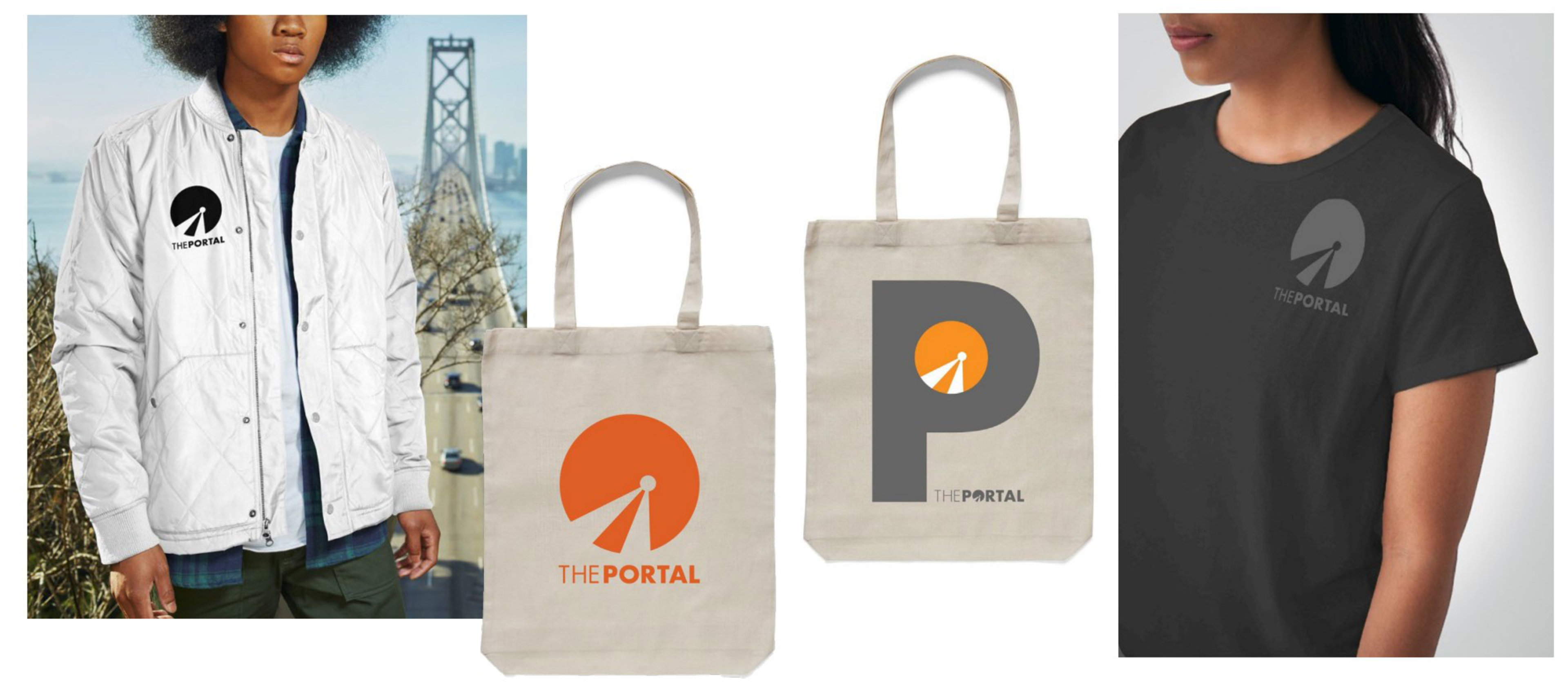 A white jacket, two beige tote bags, and a dark gray t-shirt all feature a graphic with an orange circle and the text "THE PORTAL."