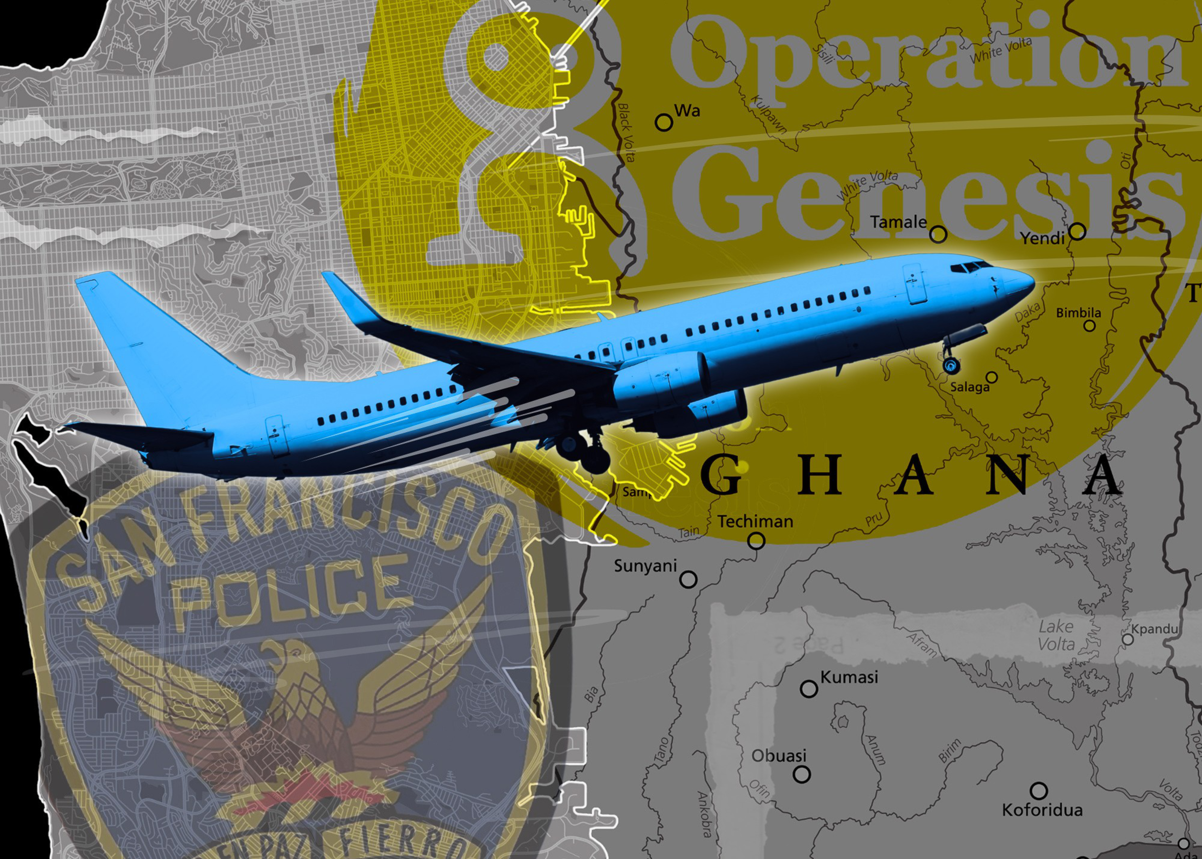 An image of a plane, Africa and San Francisco.