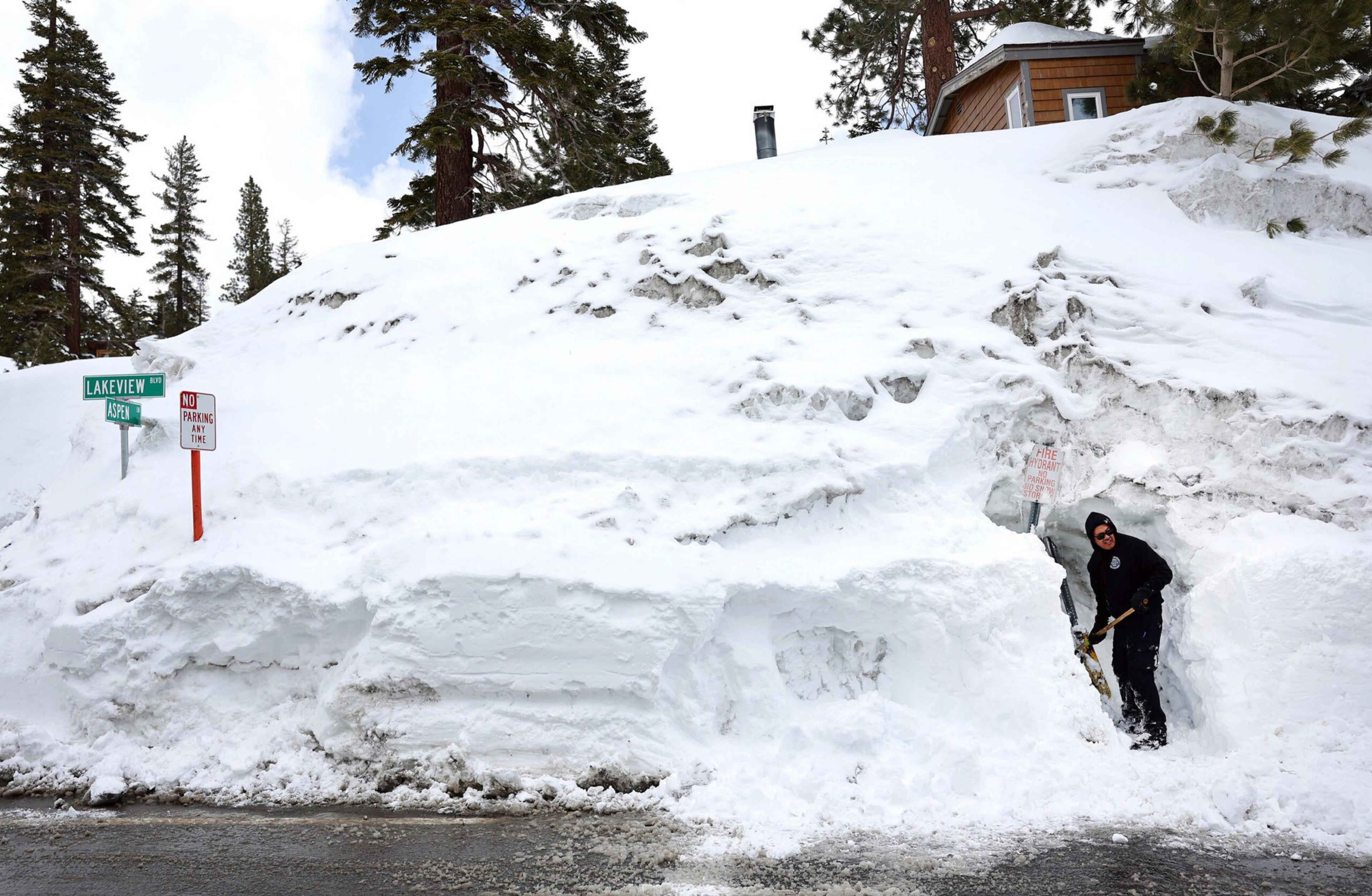 A person digs through a large snowbank next to a street corner with signs for Laneview and Aspen, near a house partially visible behind tall trees.