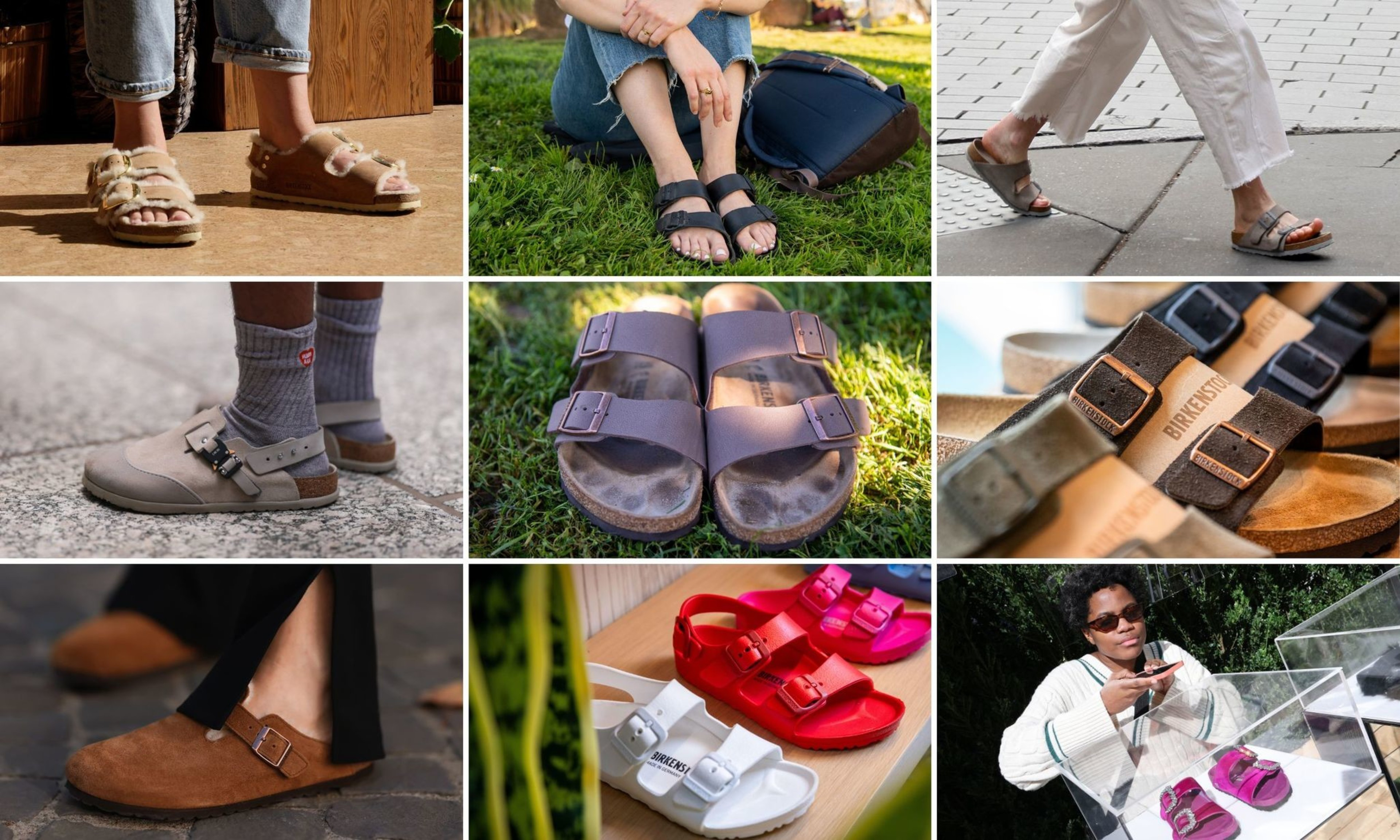 Various styles and colors of Birkenstock sandals and clogs are worn by people or showcased on grass, pavement, and shelves in different casual settings.
